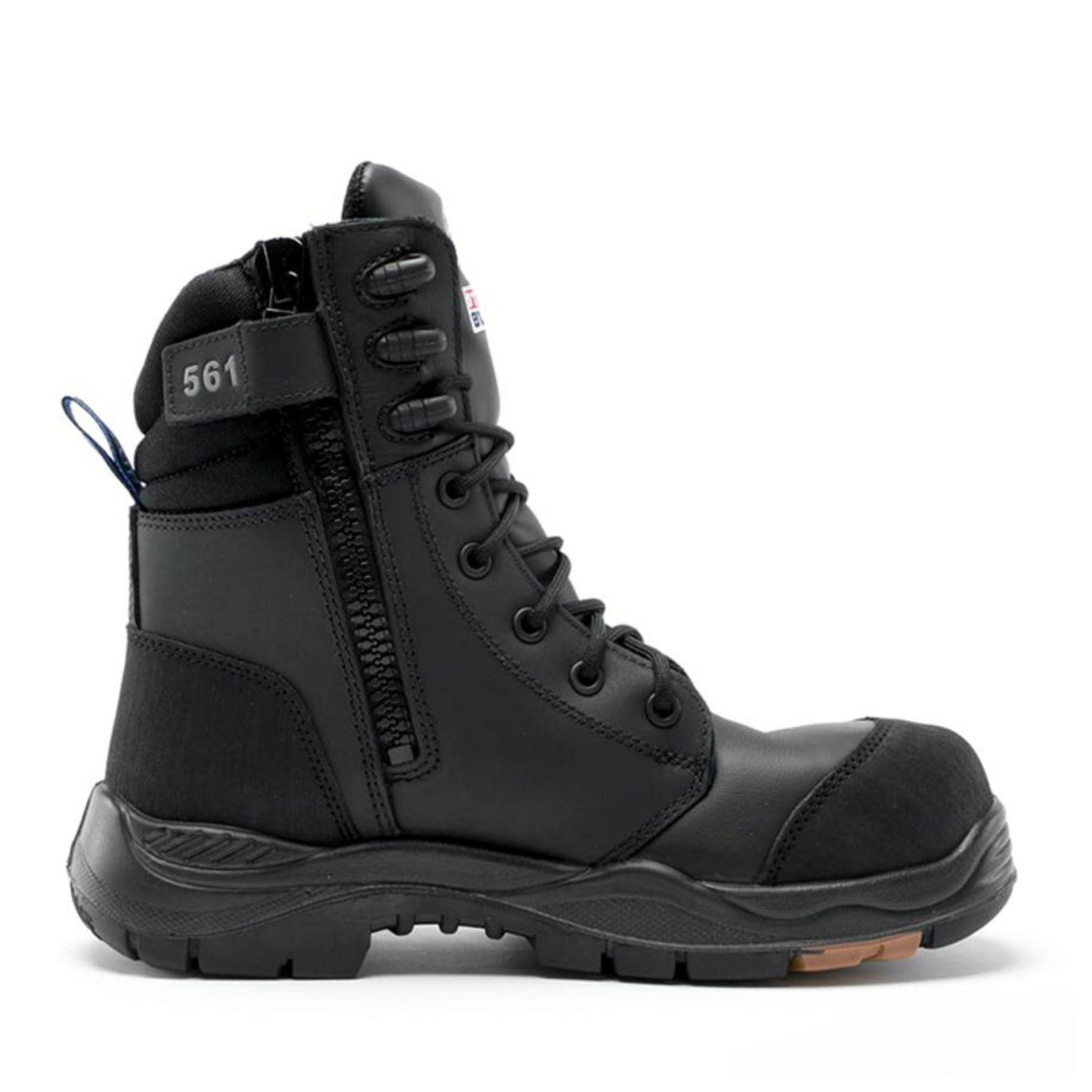 high cut black work boot with thick sole. scalloped collar for worksite comfort as well as easy access zipper with 561 written on zipper keeper