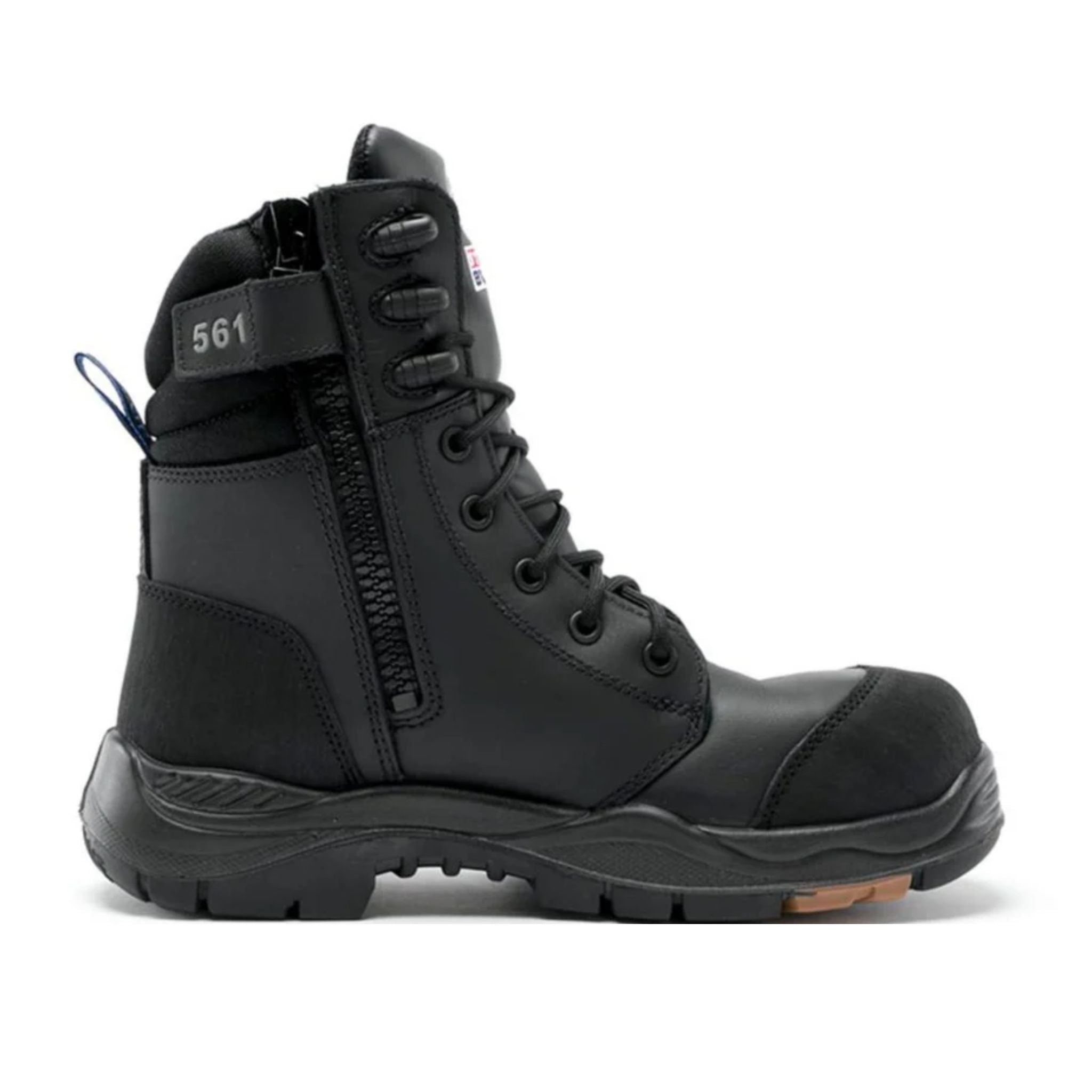 A black, high-leg lace-up work boot with a side zipper, composite toe guard, and rubber outsole.