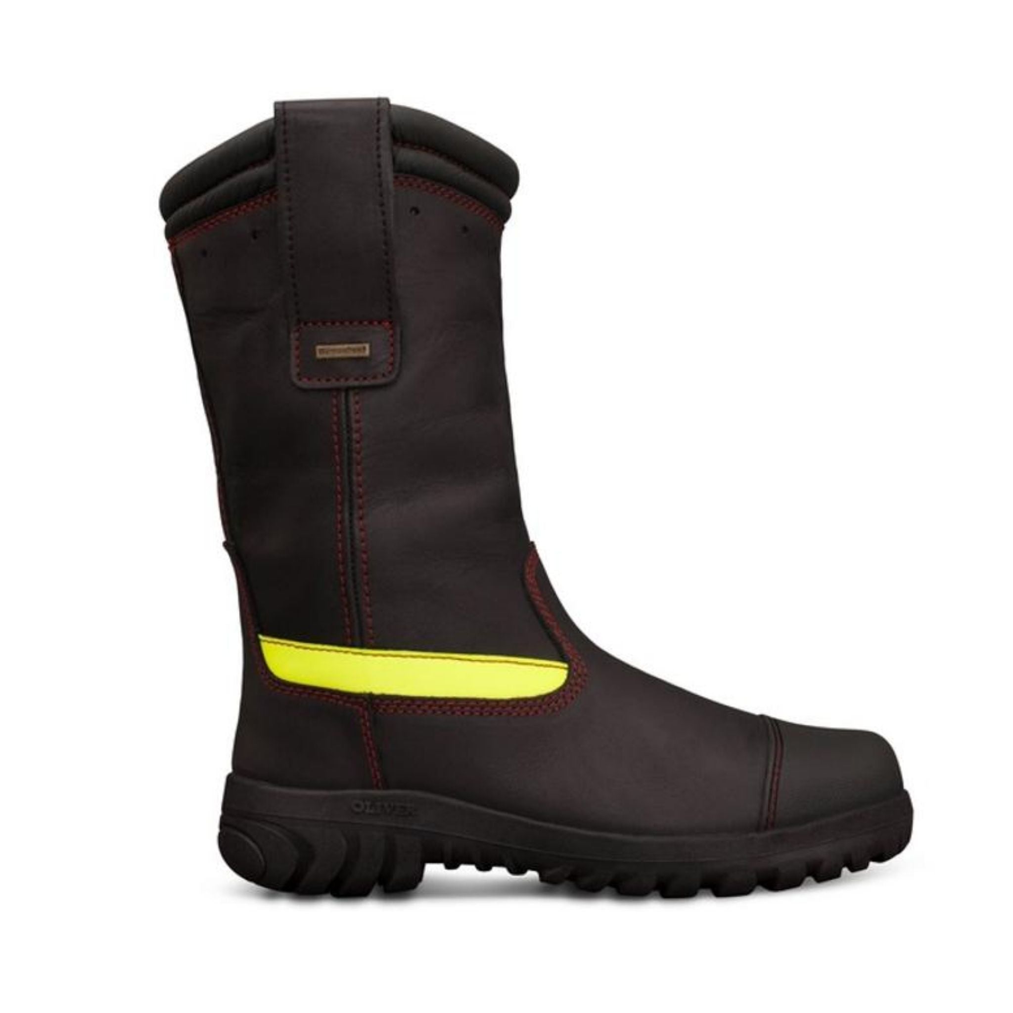 Oliver 496 pull on firefighter safety boot in black.