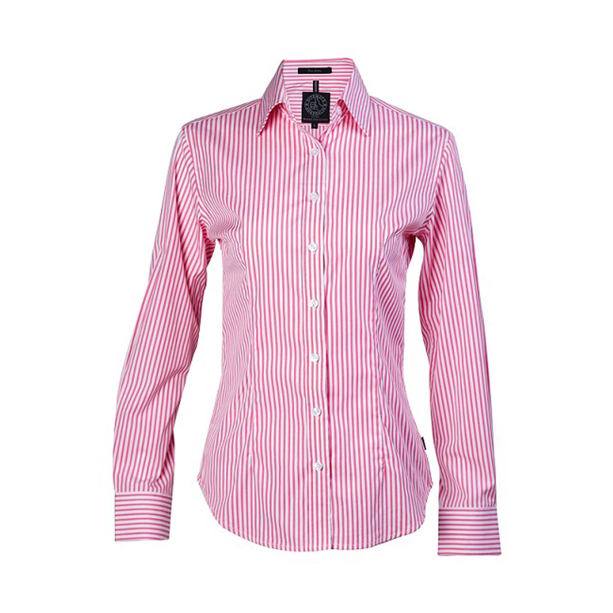Women's fit long sleeve work shirt with pink white vertical stripes
