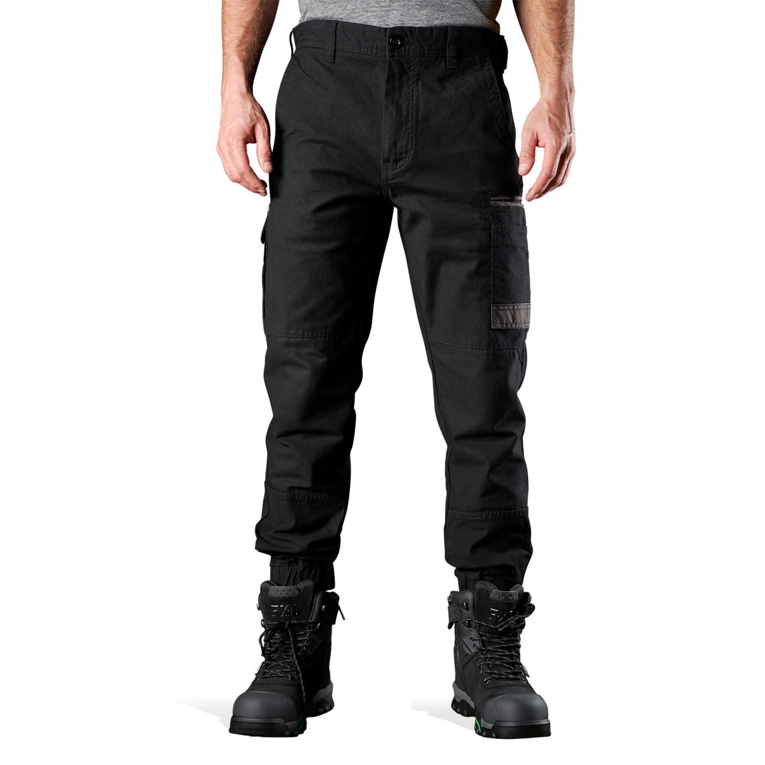 black full length worksite pants with buttoned waist and belt loops. large pockets with grey highlights and elastic cuffs at the ankles