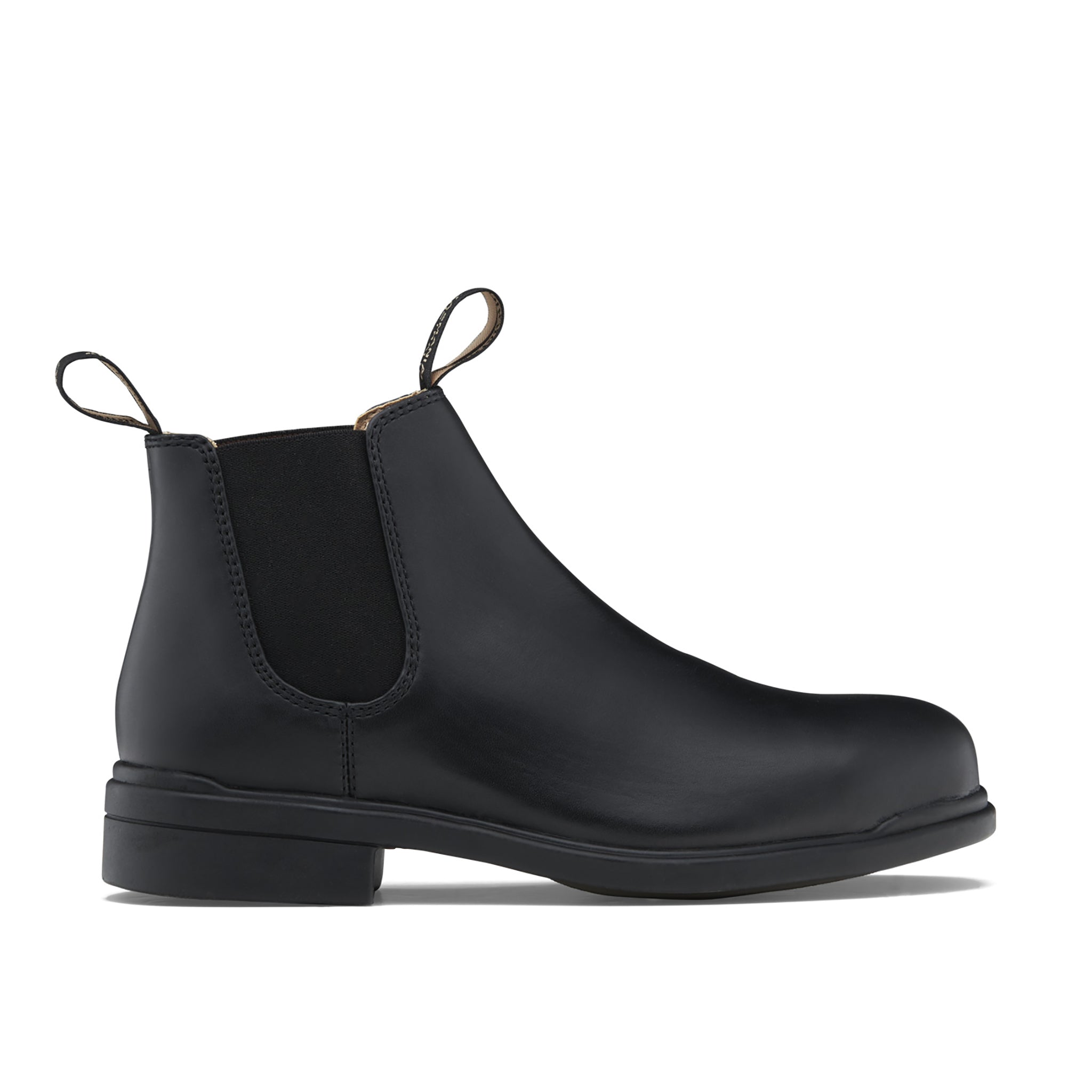 black leather chelsea style boot with black elastic panels, pull tabs on the collar and black stitching