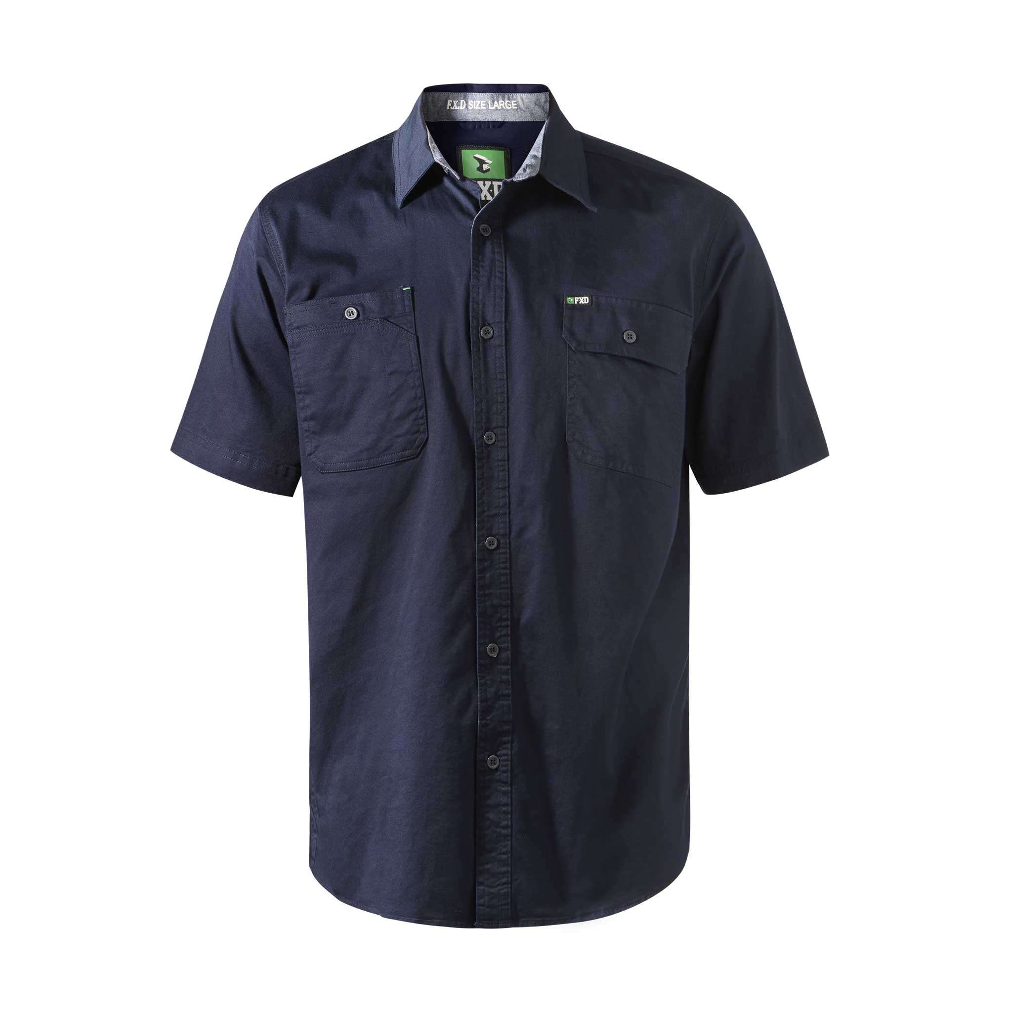 Navy short-sleeved work shirt with a collar, dual chest pockets, and a drop tail.