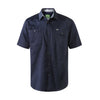 navy blue short sleeved collared and buttoned shirt with pockets on each side of the chest and FXD logo on one pocket