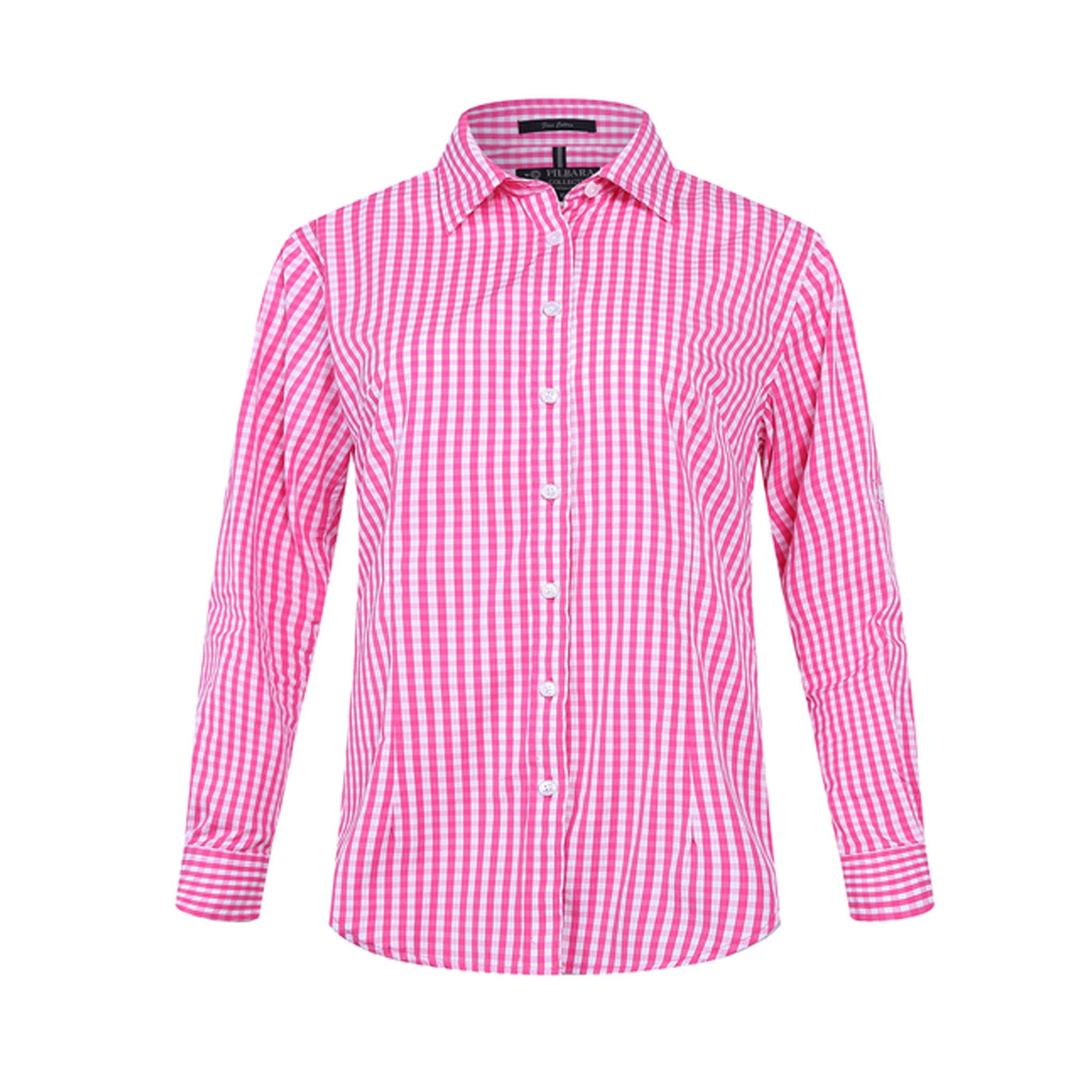Women's long sleeve shirt in pink white vertical stripes