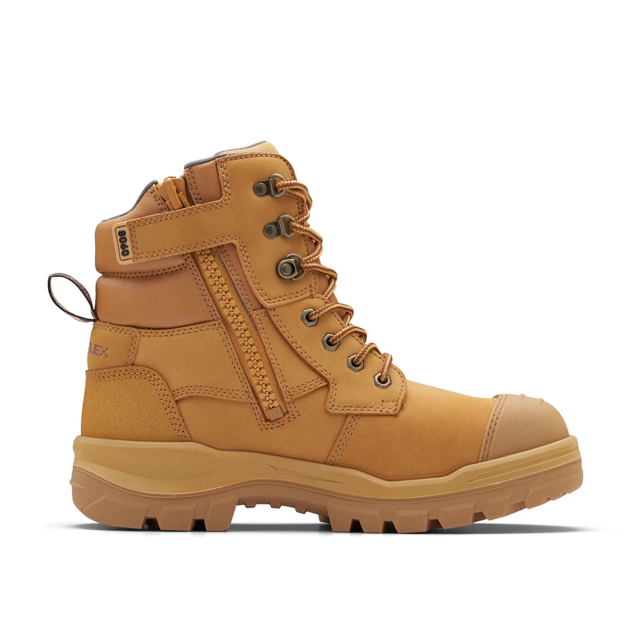 full height wheat leather work boot with scalloped collar. sand coloured sole and toe cap