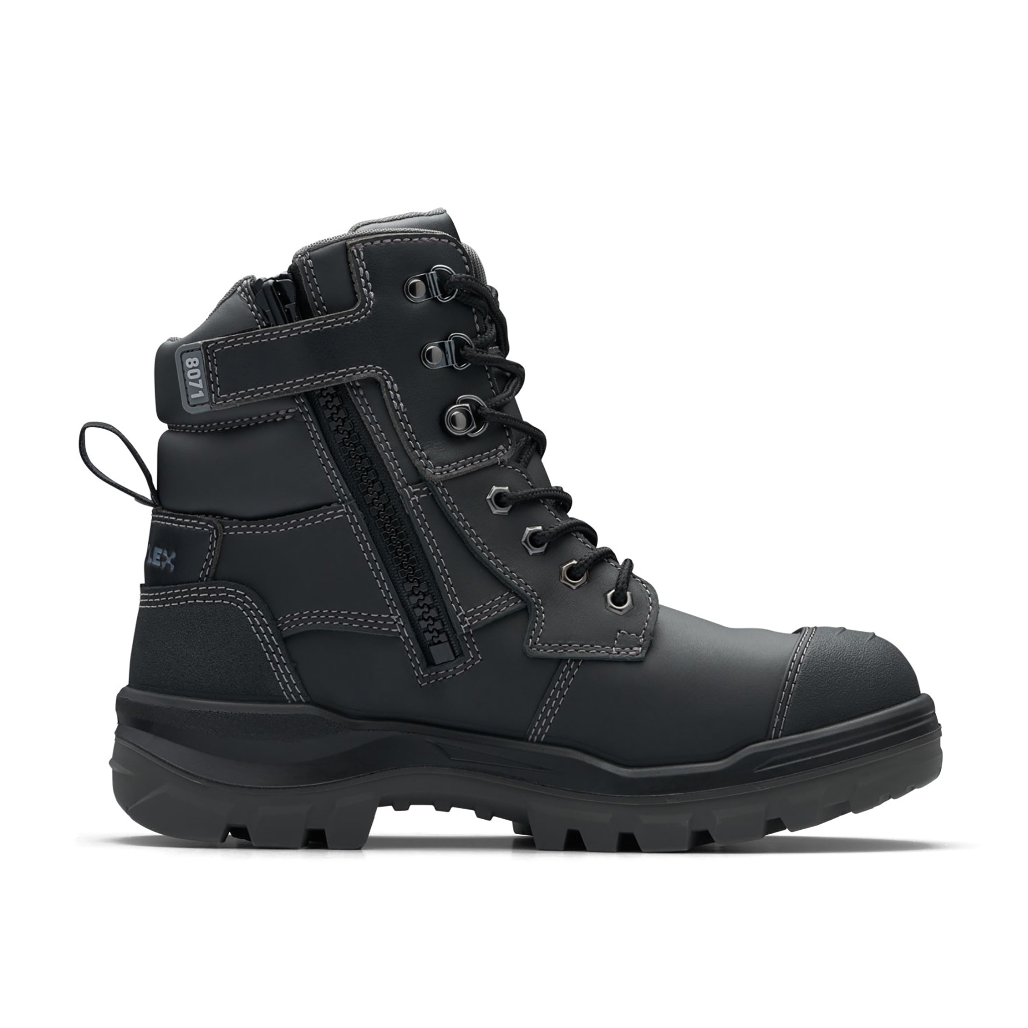 full height wheat leather work boot with scalloped collar and white stitching. black coloured sole and toe cap