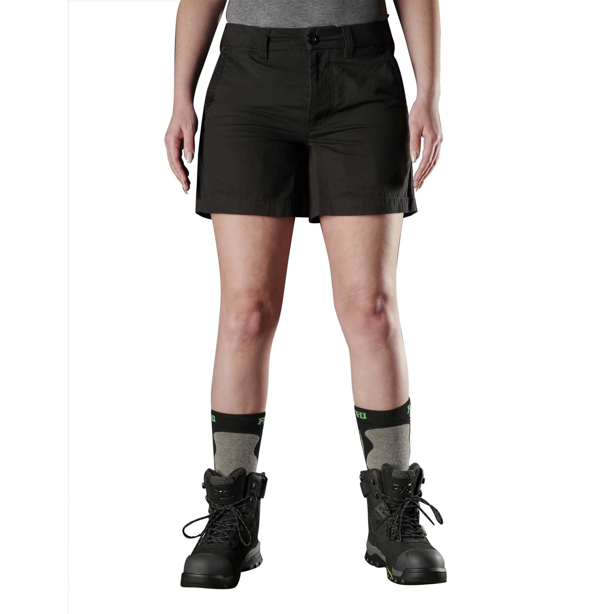 Black mid-thigh shorts with a buttoned waistband and belt loops.