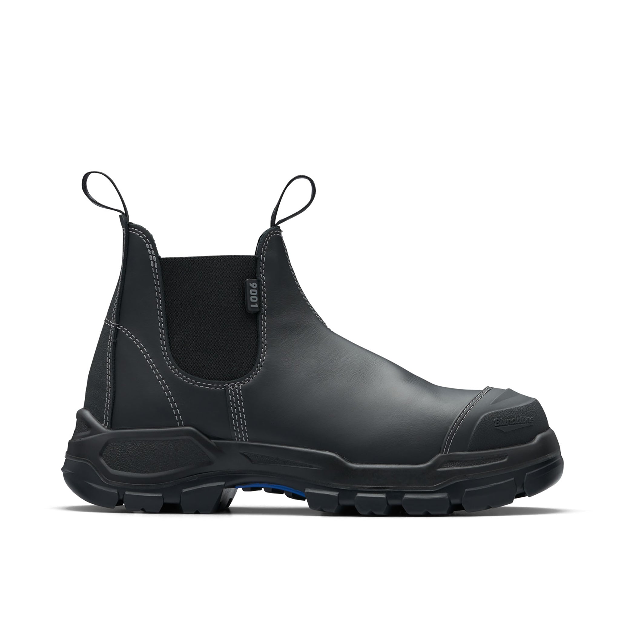 black leather chelsea style heat resistant work boot with black elastic panels, pull tabs on the collar and white stitching