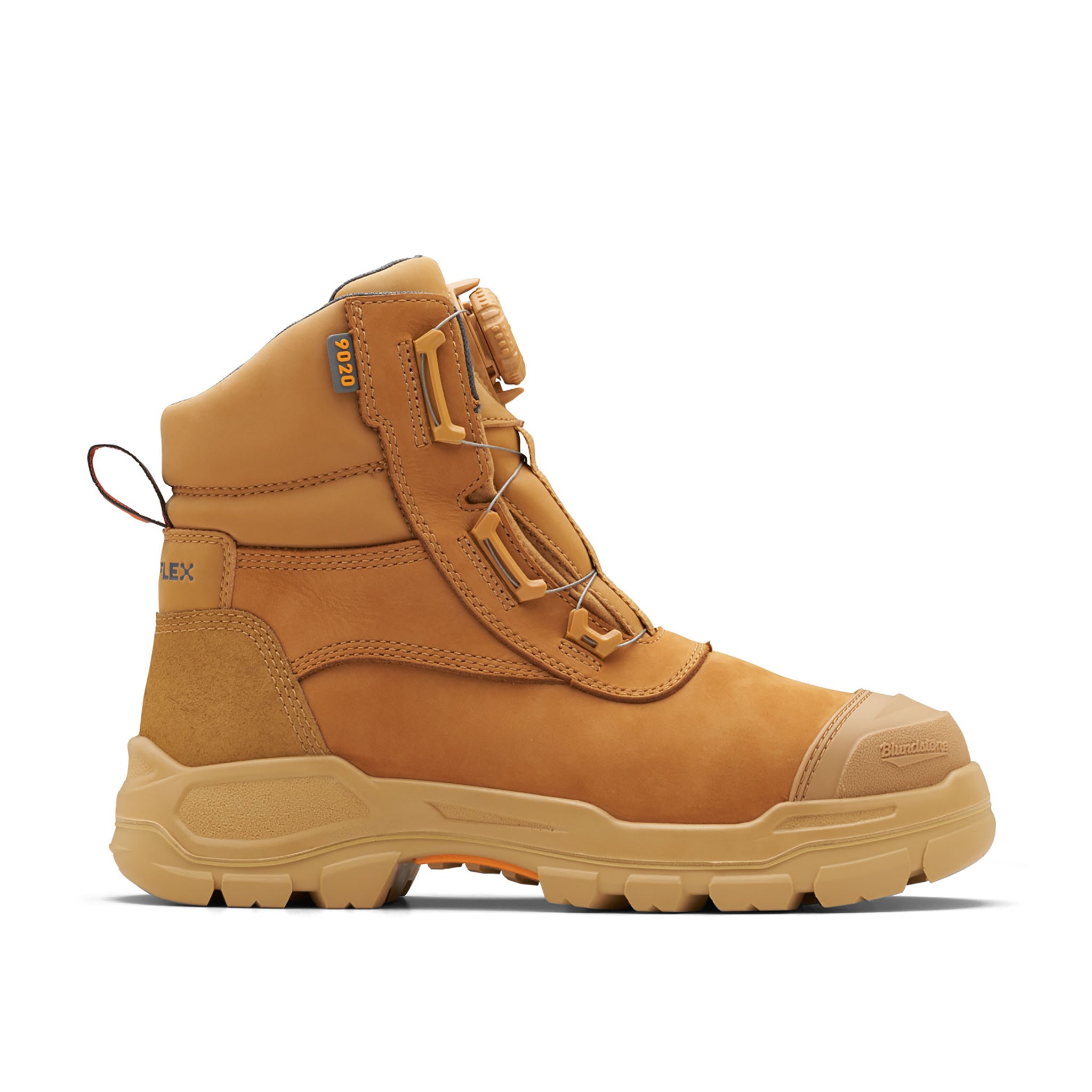 full height wheat leather work boot with scalloped collar and boa lacing system. sand coloured sole and toe cap with small blundstone logo