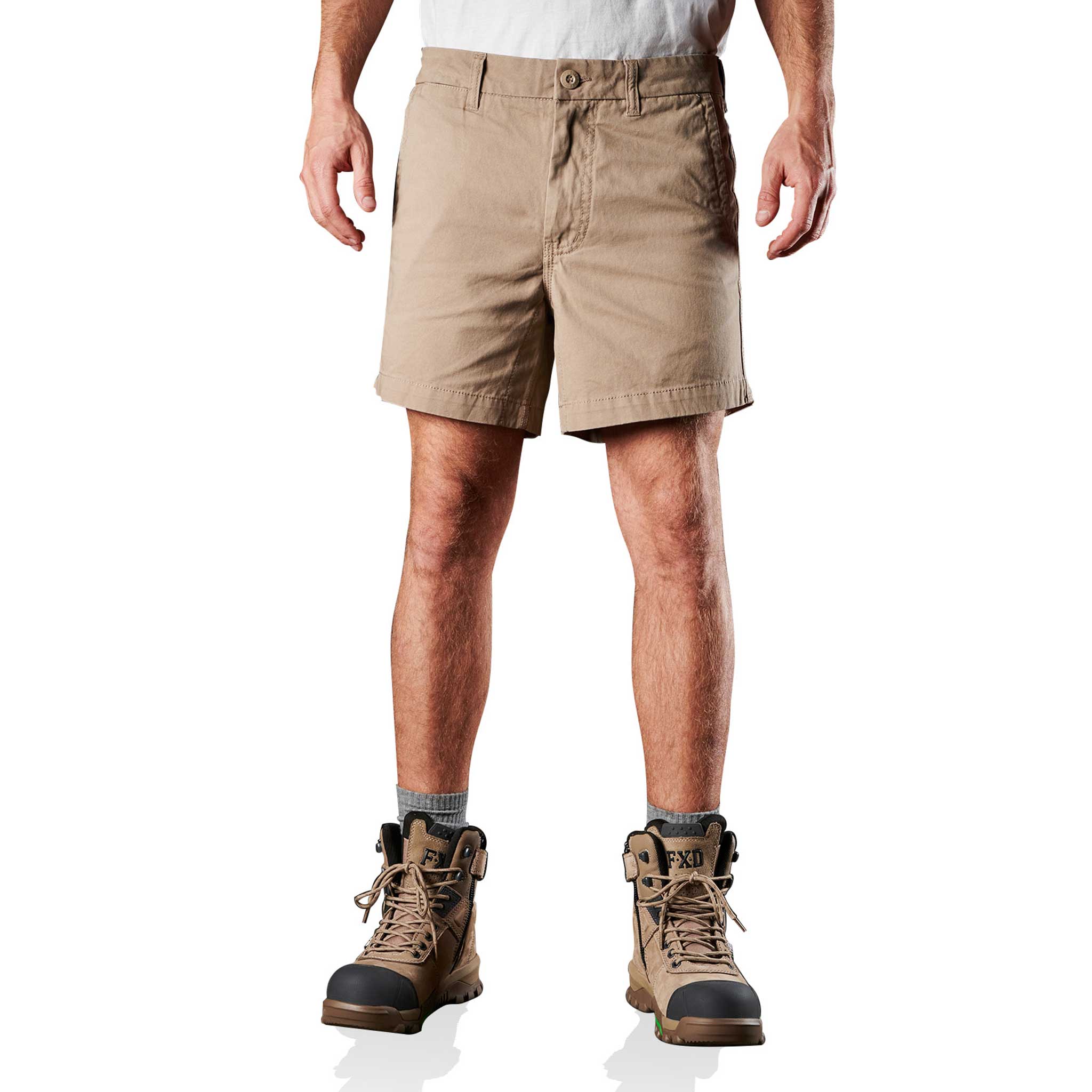 A man wearing FXD Cotton Twill pockets work short in khaki