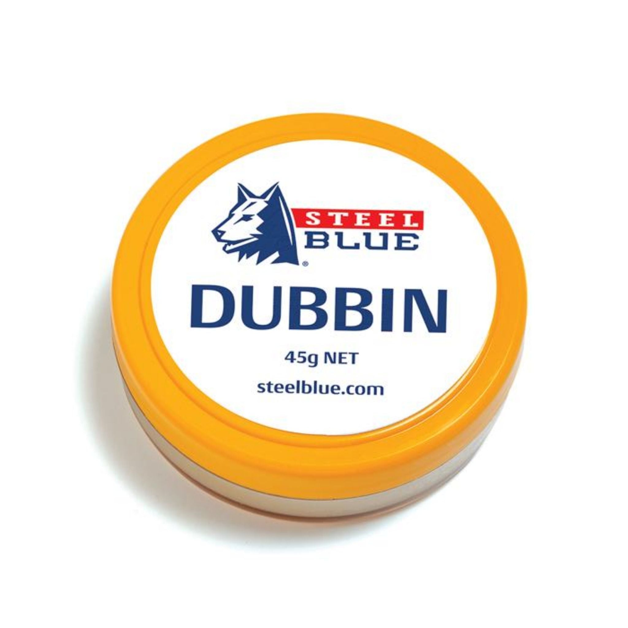 Tin of Steel Blue Dubbin, 45g. White base with a yellow cap and logo