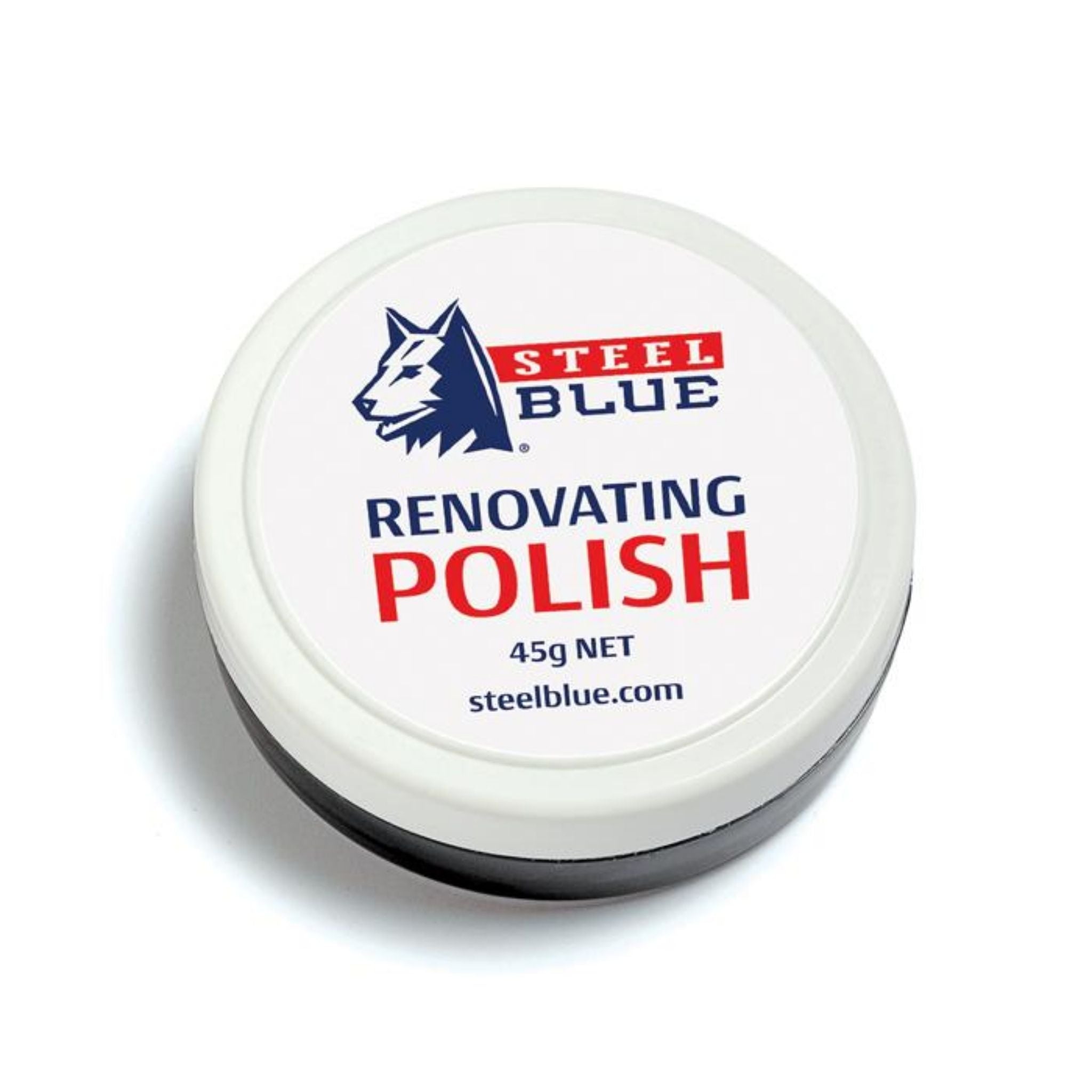 cylindrical tin of black boot polish with black base and white cap with steel blue branding and renovating polish 45g NET bold text