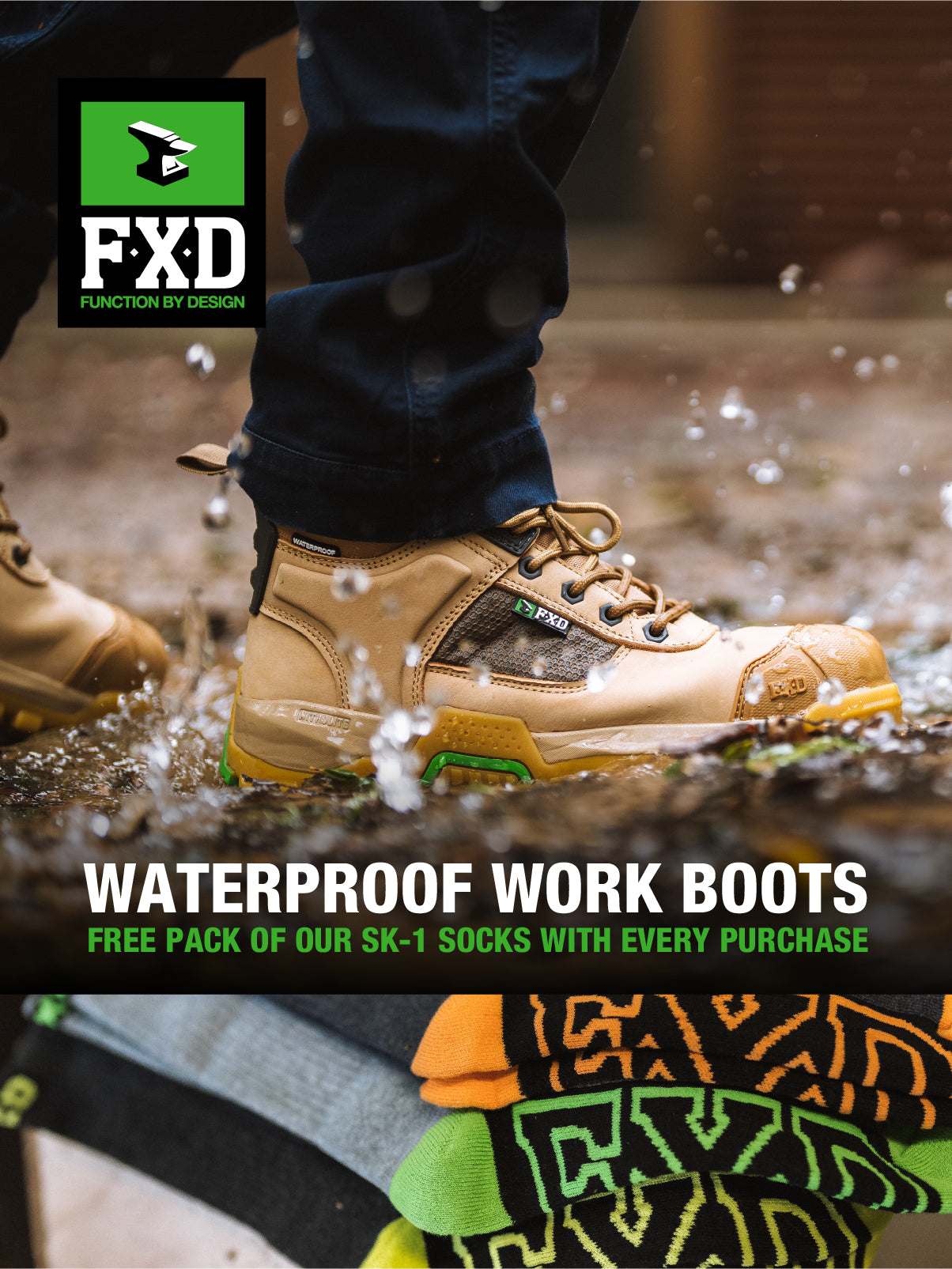 LOD Workwear vertical banner for FXD waterproof apparel.