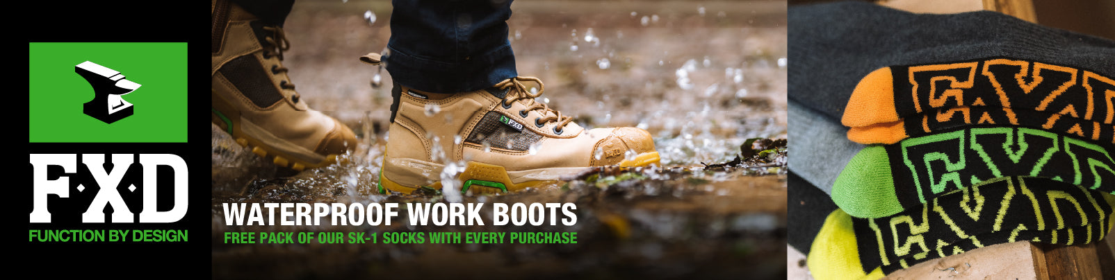 Waterproof FXD workwear and safety gear advertisement.