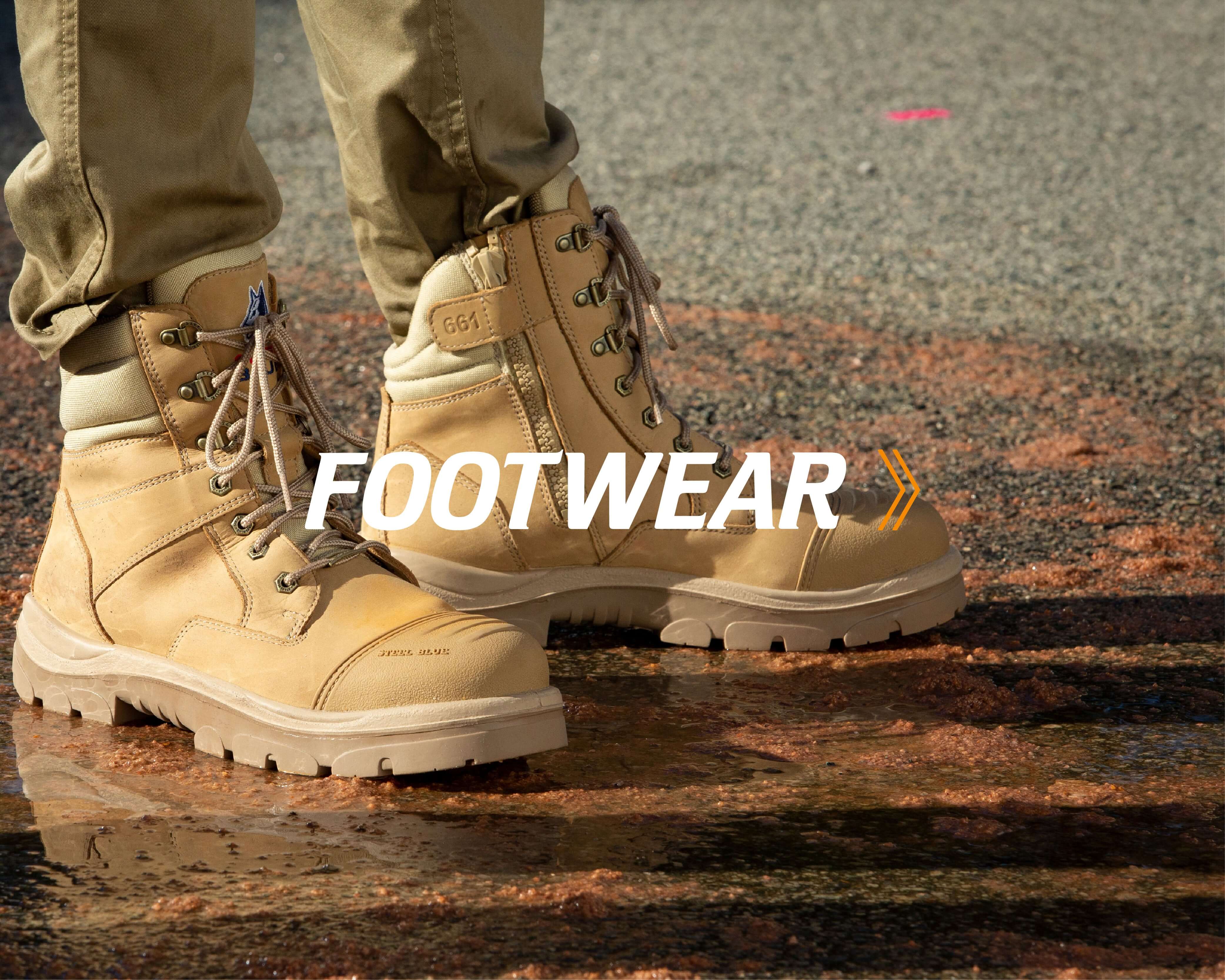 Safety footwear and work boots collection banner.