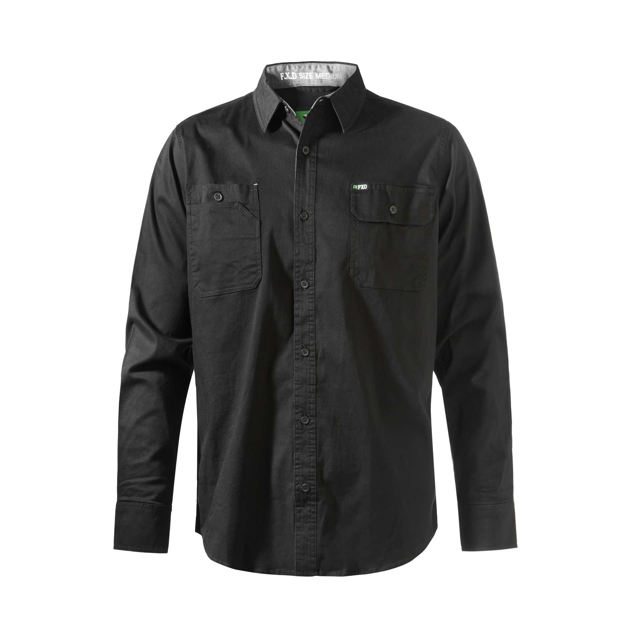 black buttoned up collared shirt with long sleeves and a pocket on each side of the chest with fxd logo on one pocket
