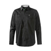 black buttoned up collared shirt with long sleeves and a pocket on each side of the chest with fxd logo on one pocket