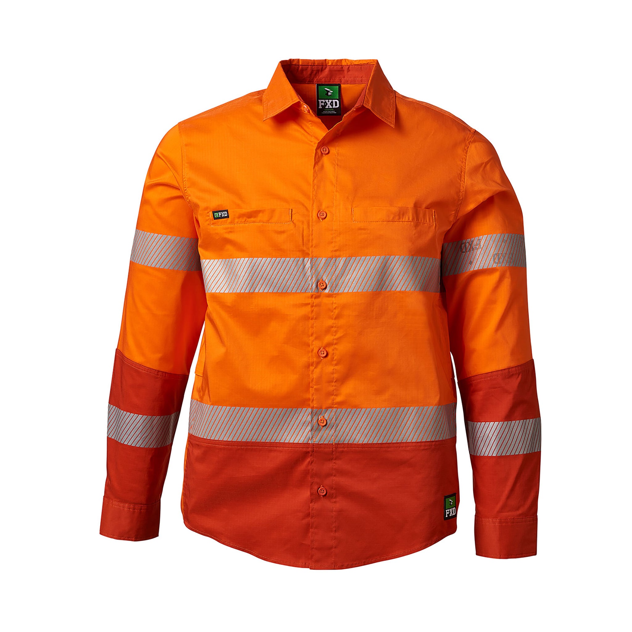 worksite high-vis buttoned up collared orange shirt with reflective bands across arms and chest, lower part of shirt and sleeves turn to red