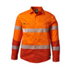 worksite high-vis buttoned up collared orange shirt with reflective bands across arms and chest, lower part of shirt and sleeves turn to red