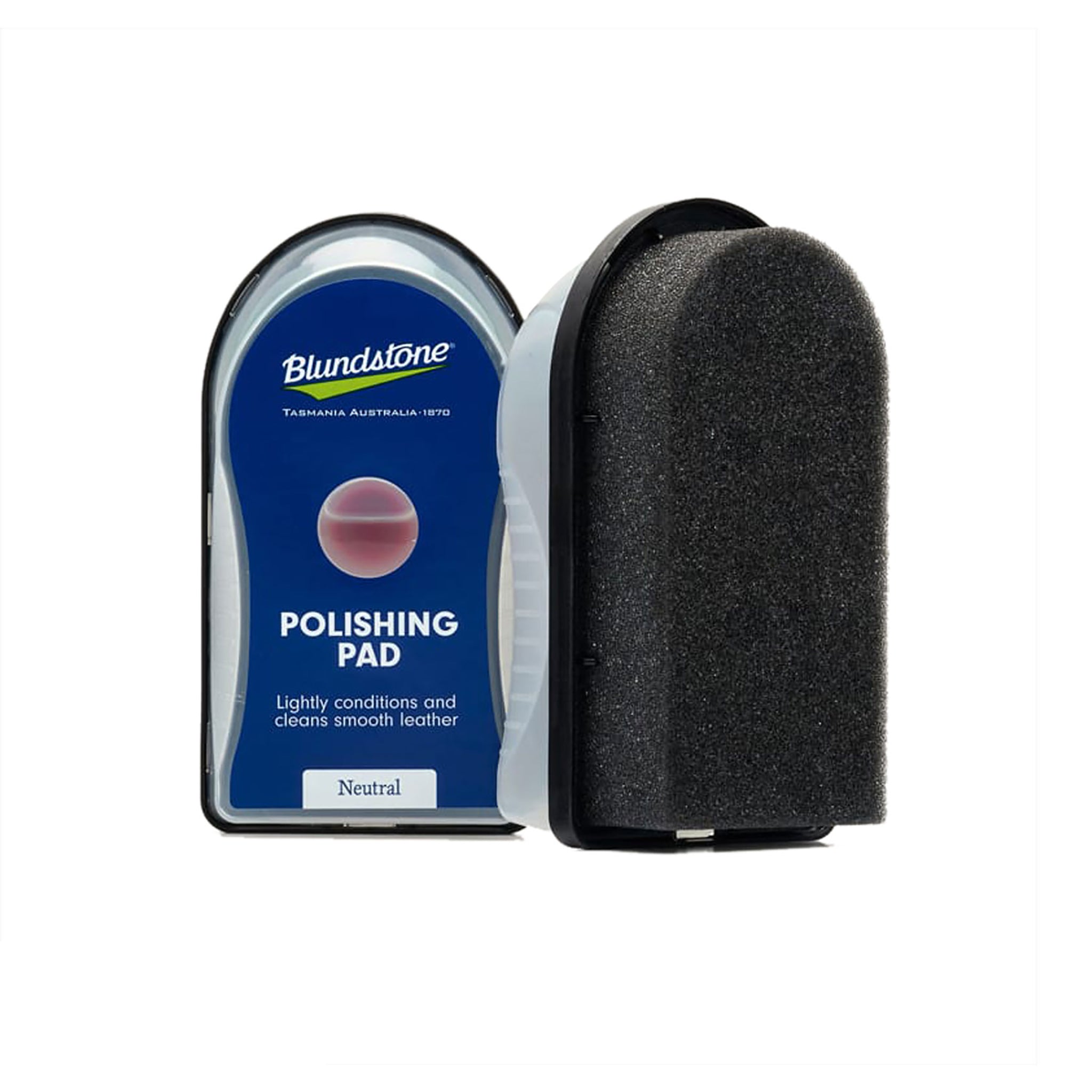 black sponge in white case with blue sticker that has the blundstone logo and the words POLISHING PAD