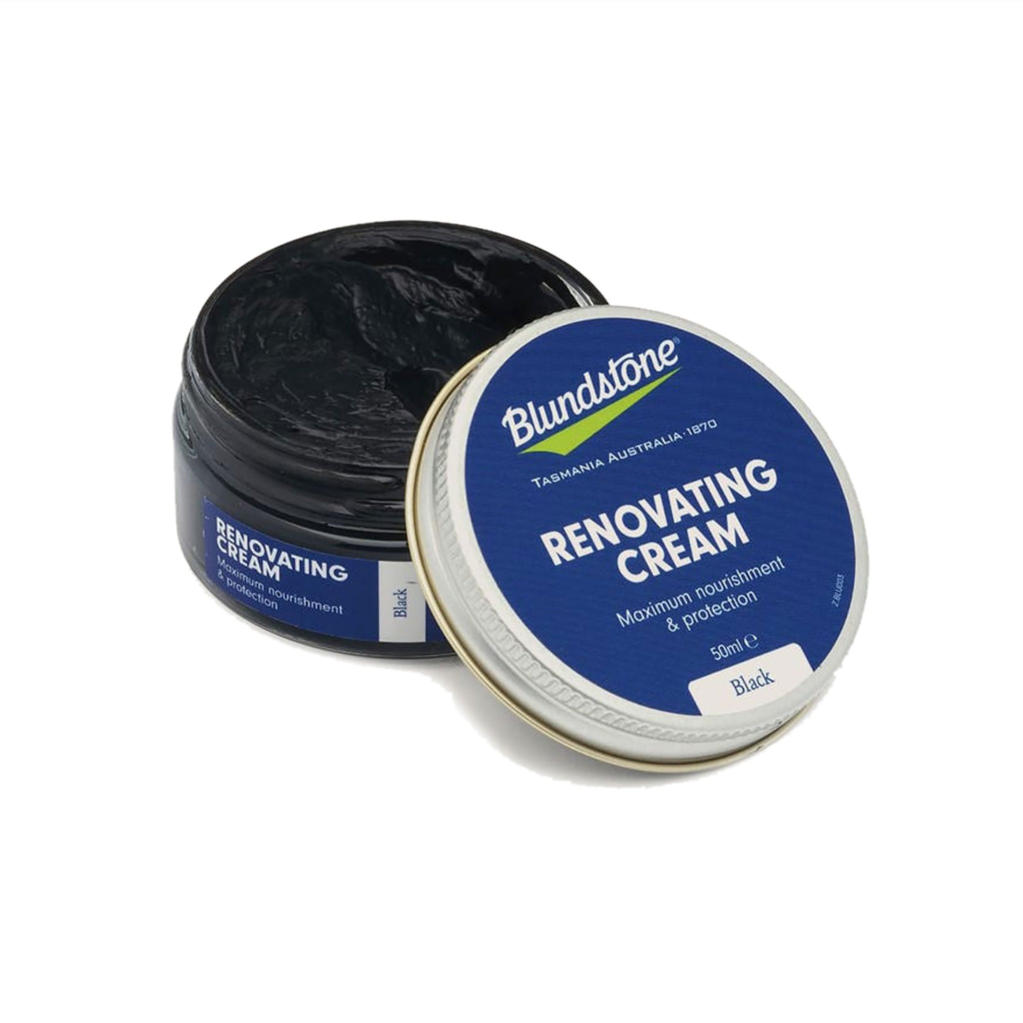 black cylindrical jar with white metal lid and blue stickers that have blundstone logo that reads RENOVATING CREAM