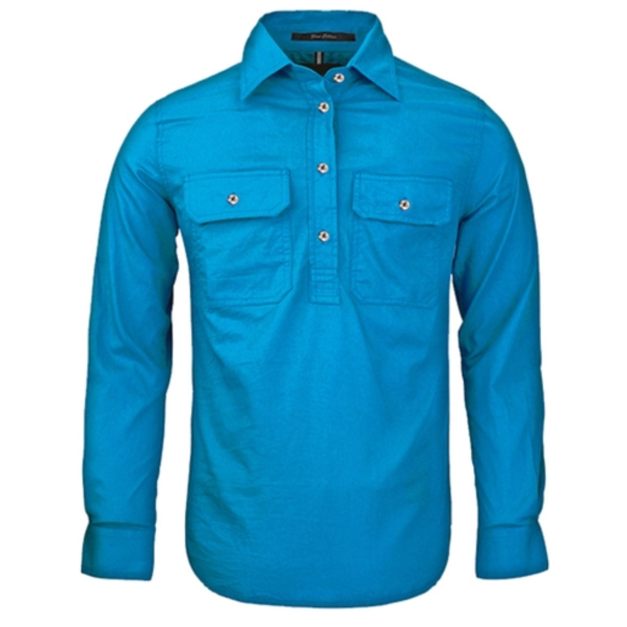 Women's closed long sleeve work shirt with pockets in azure