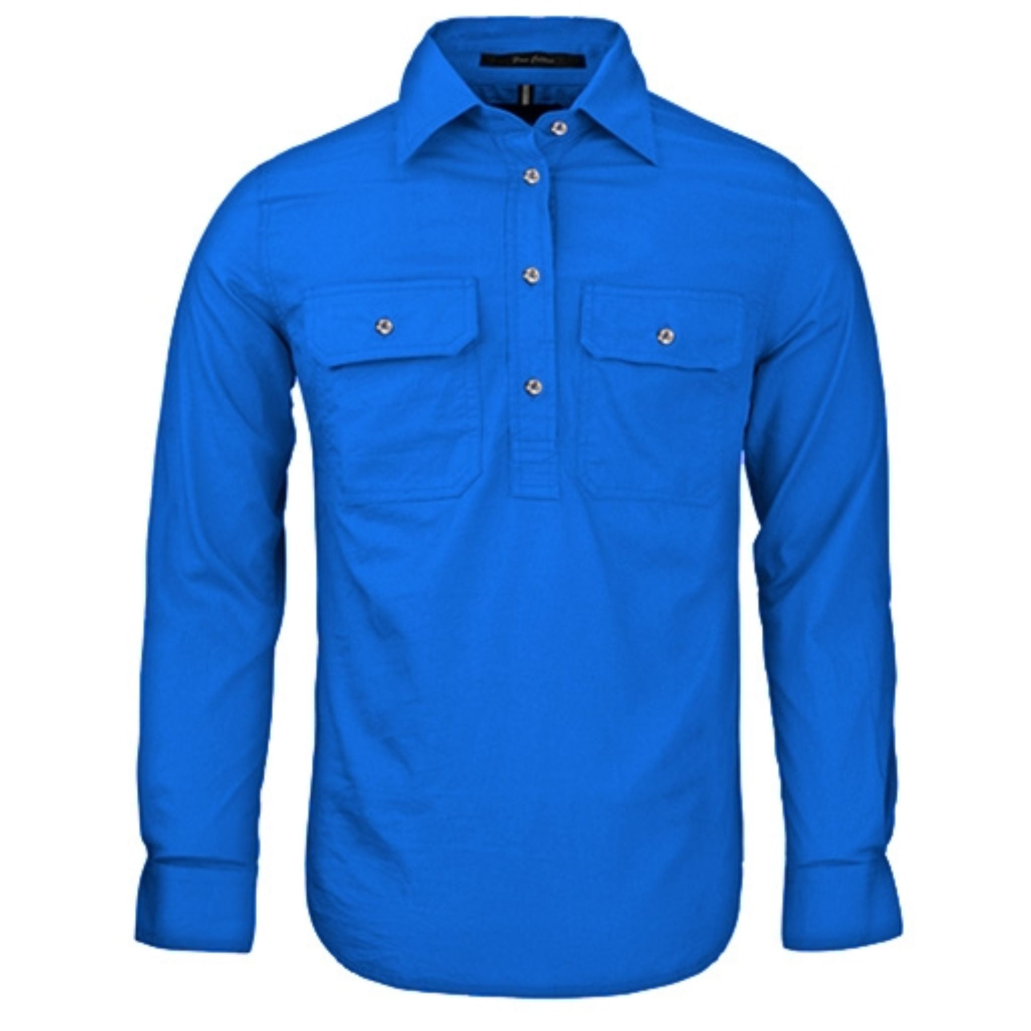 Women's closed long sleeve work shirt with pockets in cobalt blue