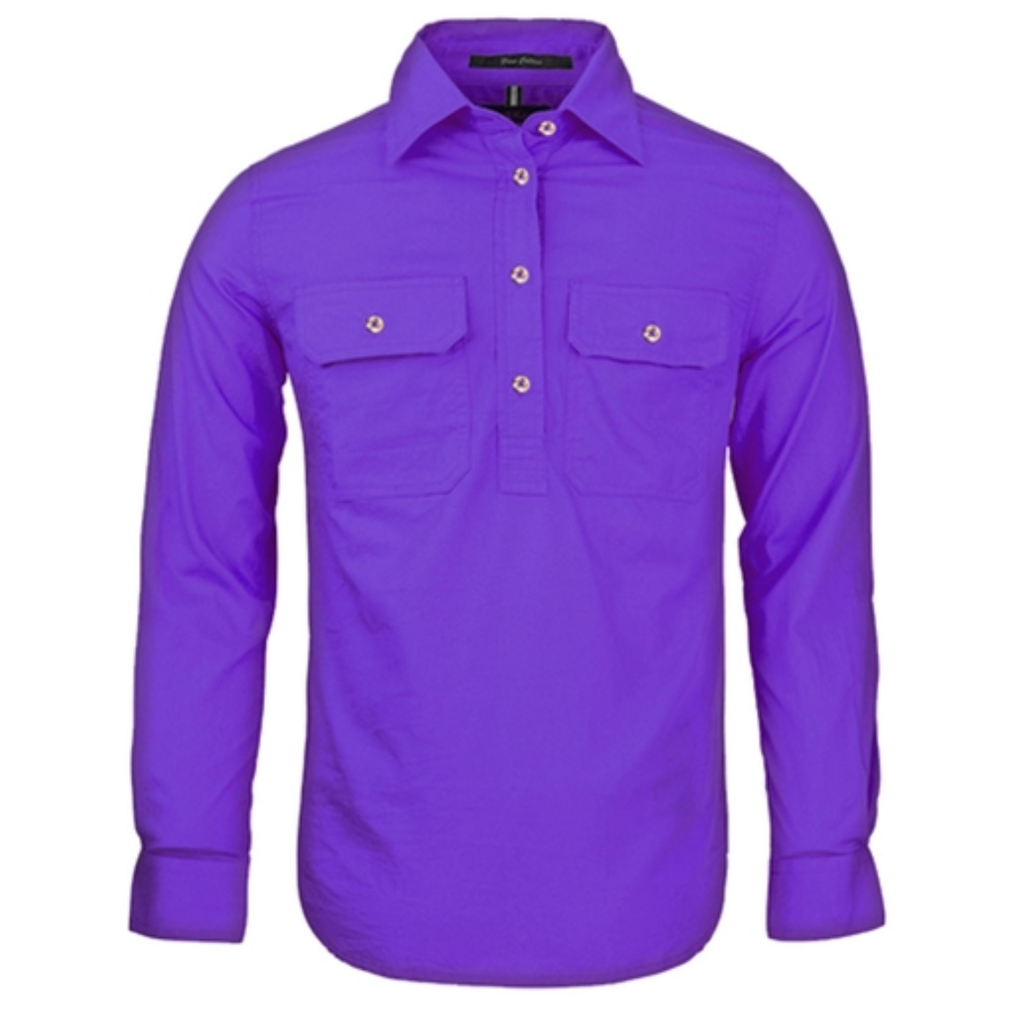 Women's long sleeve purple pullover work shirt with pockets
