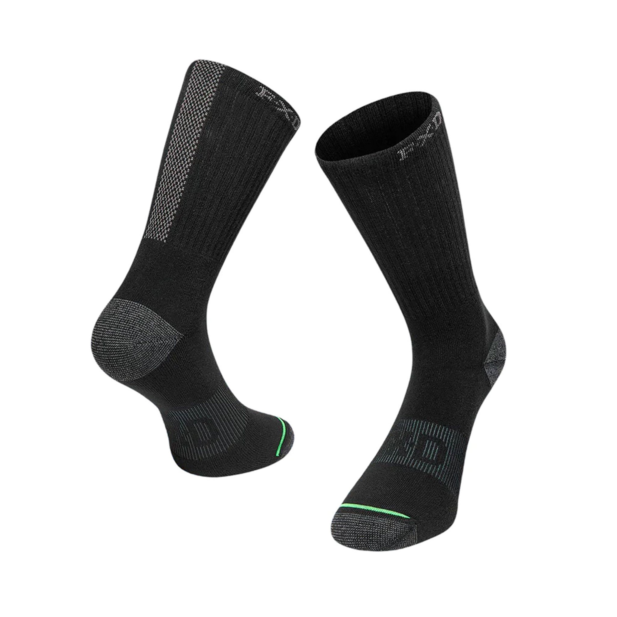 black full length sock with patterned grey highlights and green stripe across toe, with FX logos