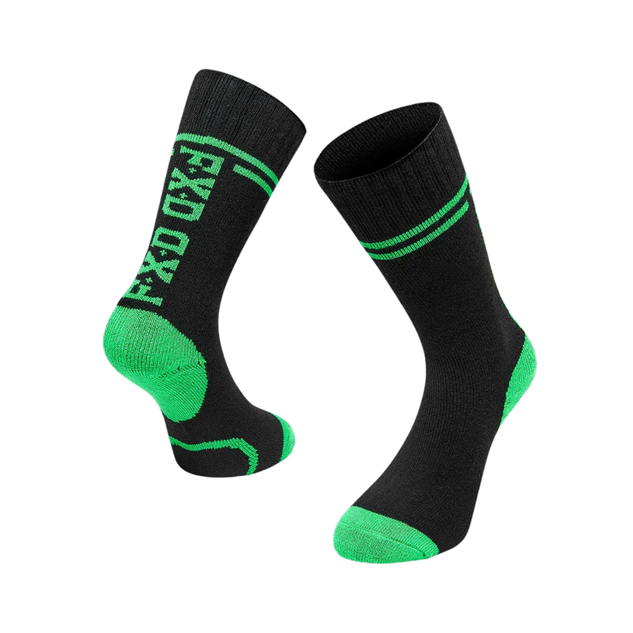 black full length sock with green highlights on toe heel and FXD logos
