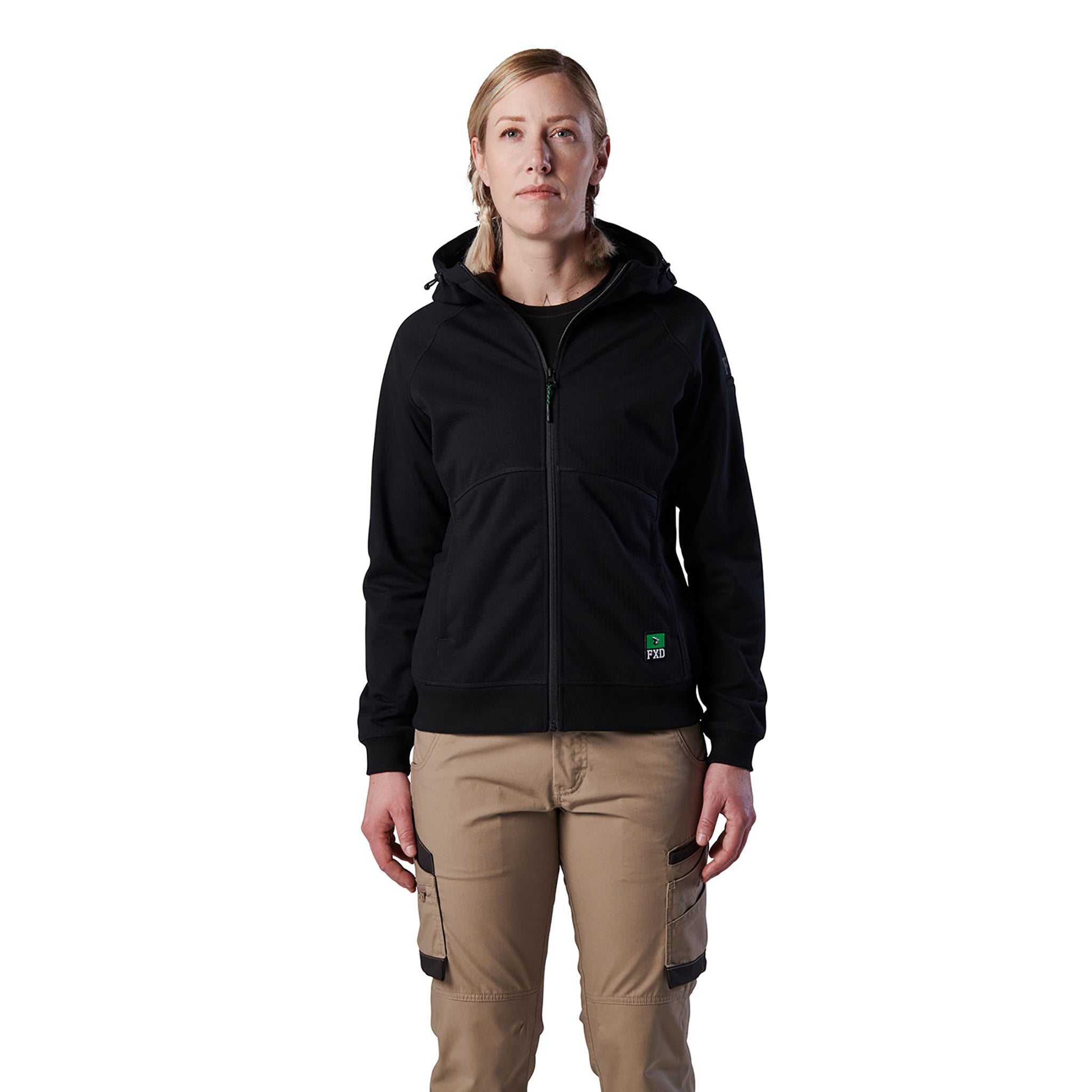 ladies black fleece zip-up hoodie with large pockets, elastic cuffs and FXD logo near waist