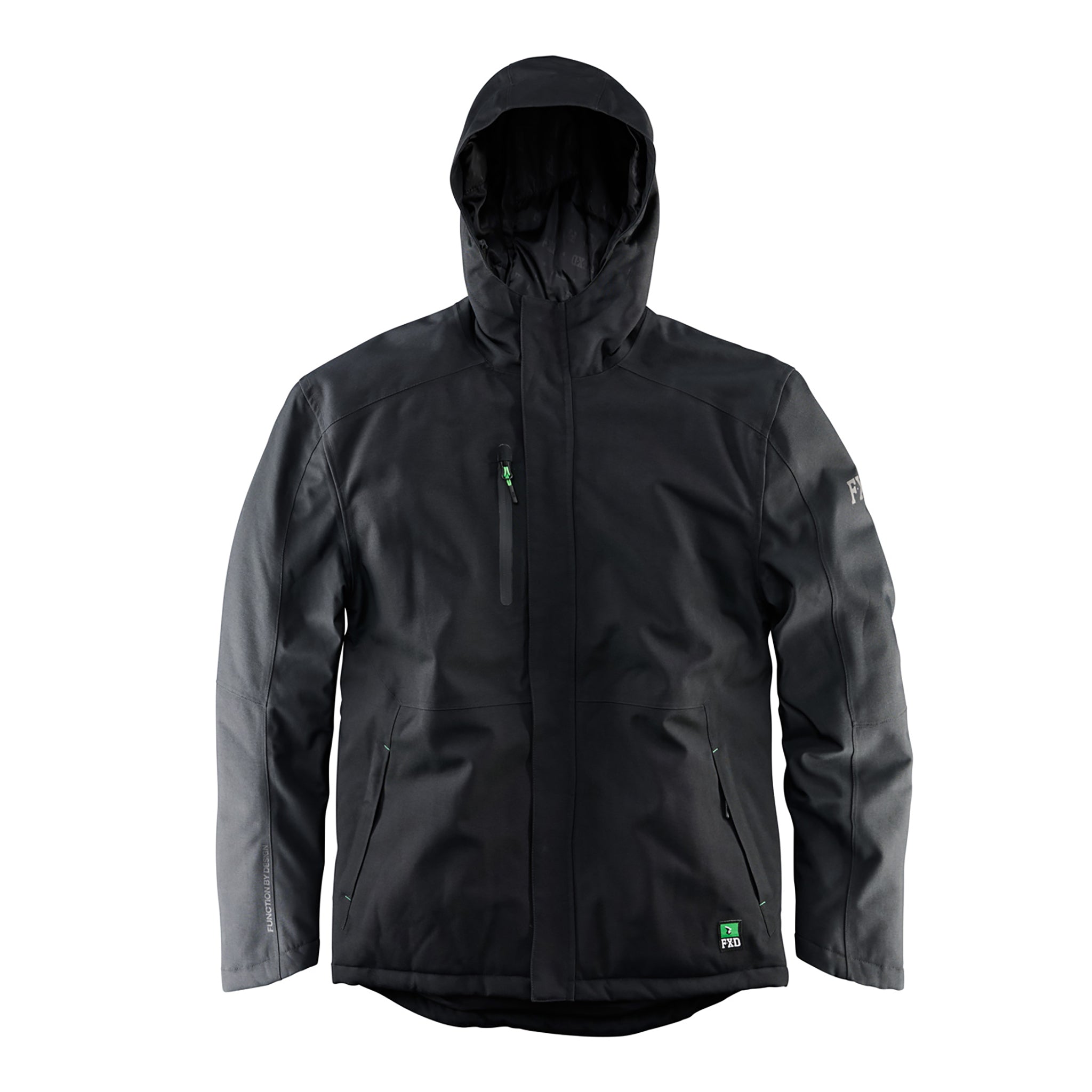 black weatherproof hooded jacket with chest pocket and FXD logo on shoulder and waist