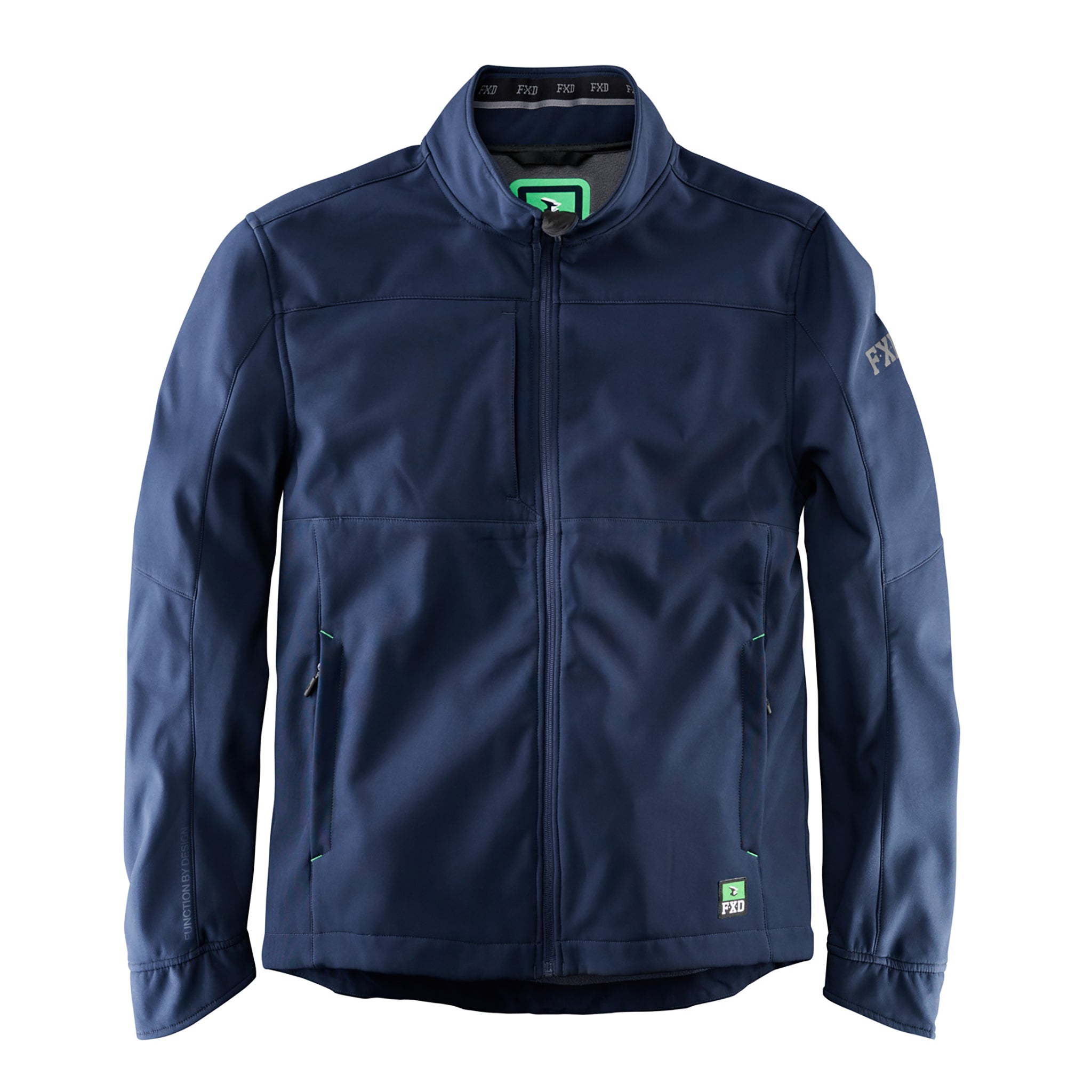 Navy blue zip-up shell jacket with large pockets and FXD logos.