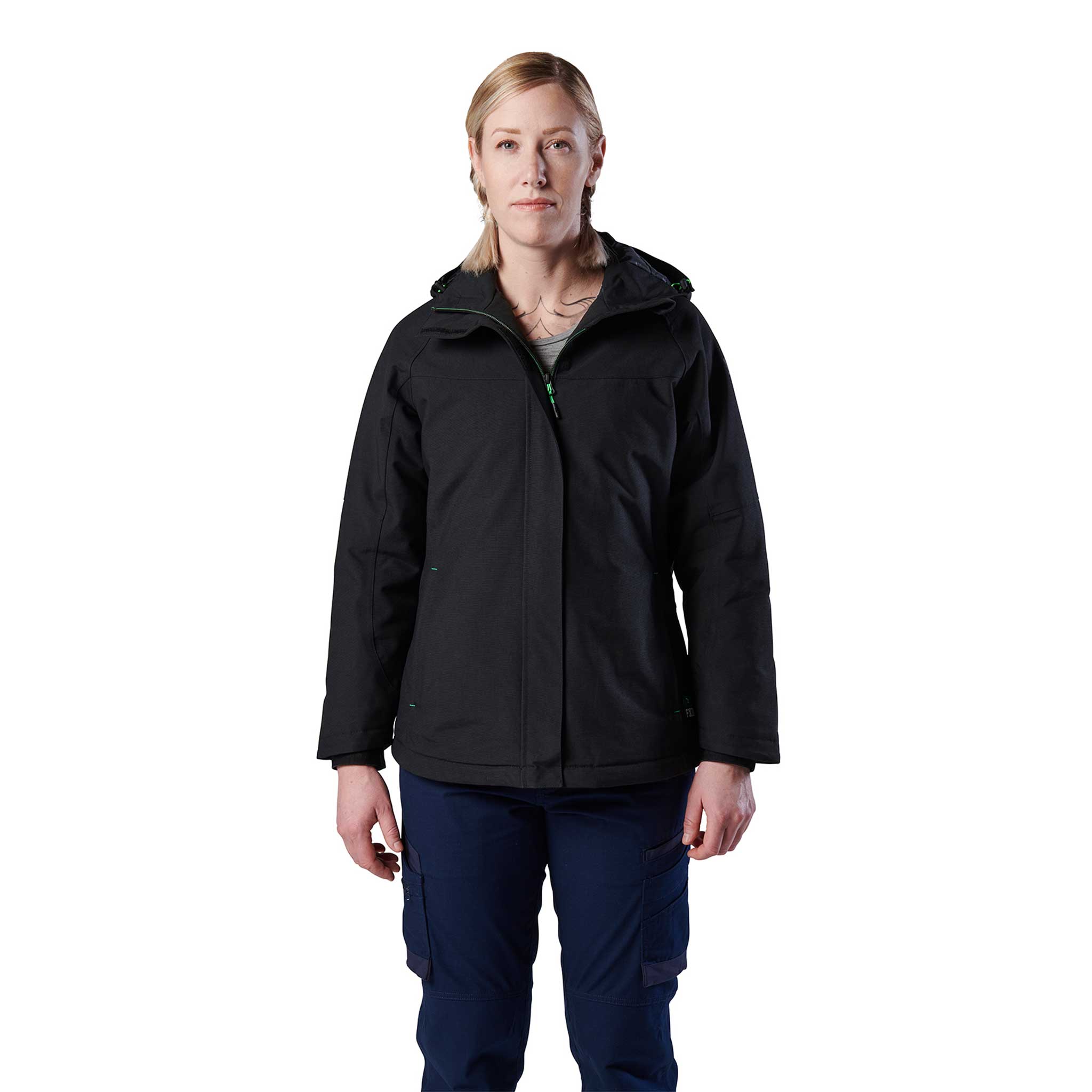 black insulated ladies work jacket with hood and front pockets and green highlights on zipper