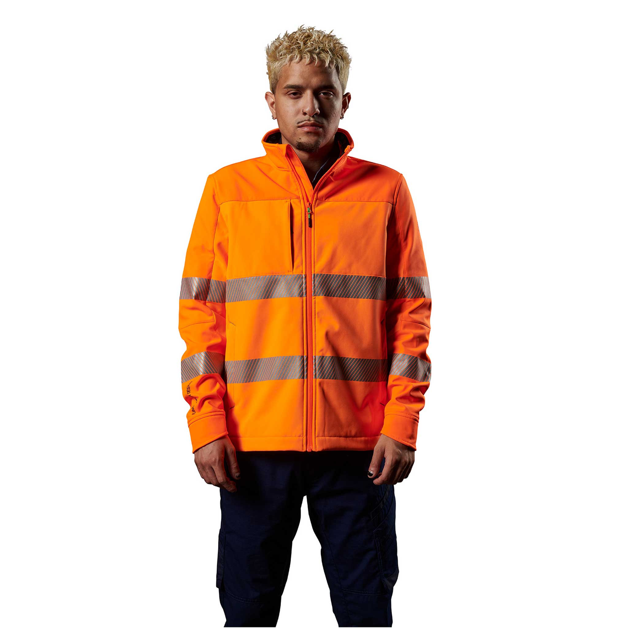 Hi-vis orange zip-up shell jacket with large pockets, reflective bands, and FXD logos.