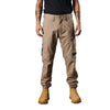 khaki full length worksite pants with buttoned waist and belt loops, large pockets and elastic cuffs at the ankles