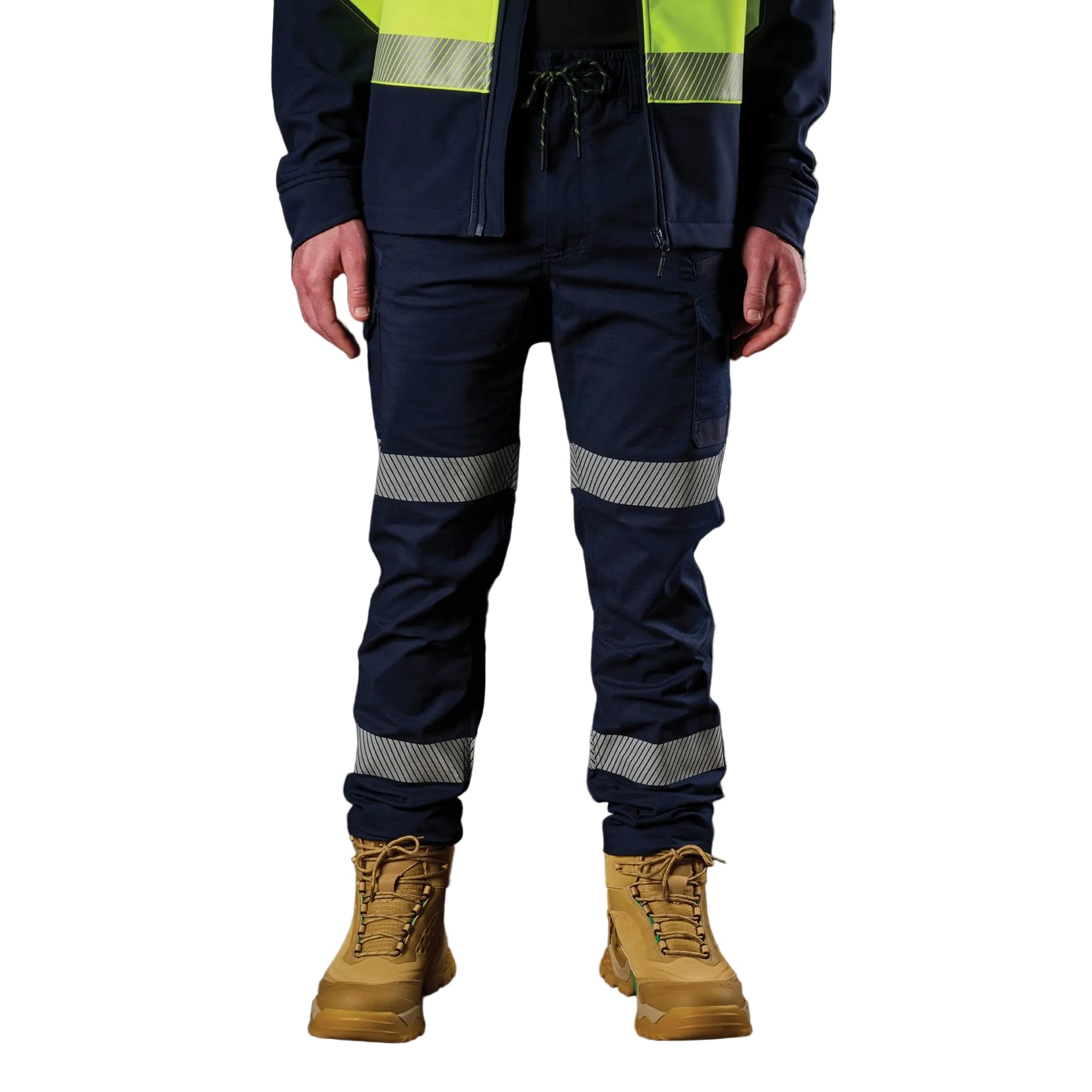 Person wearing navy work pants with reflective stripes, a high-visibility jacket, and brown boots on a dark background.