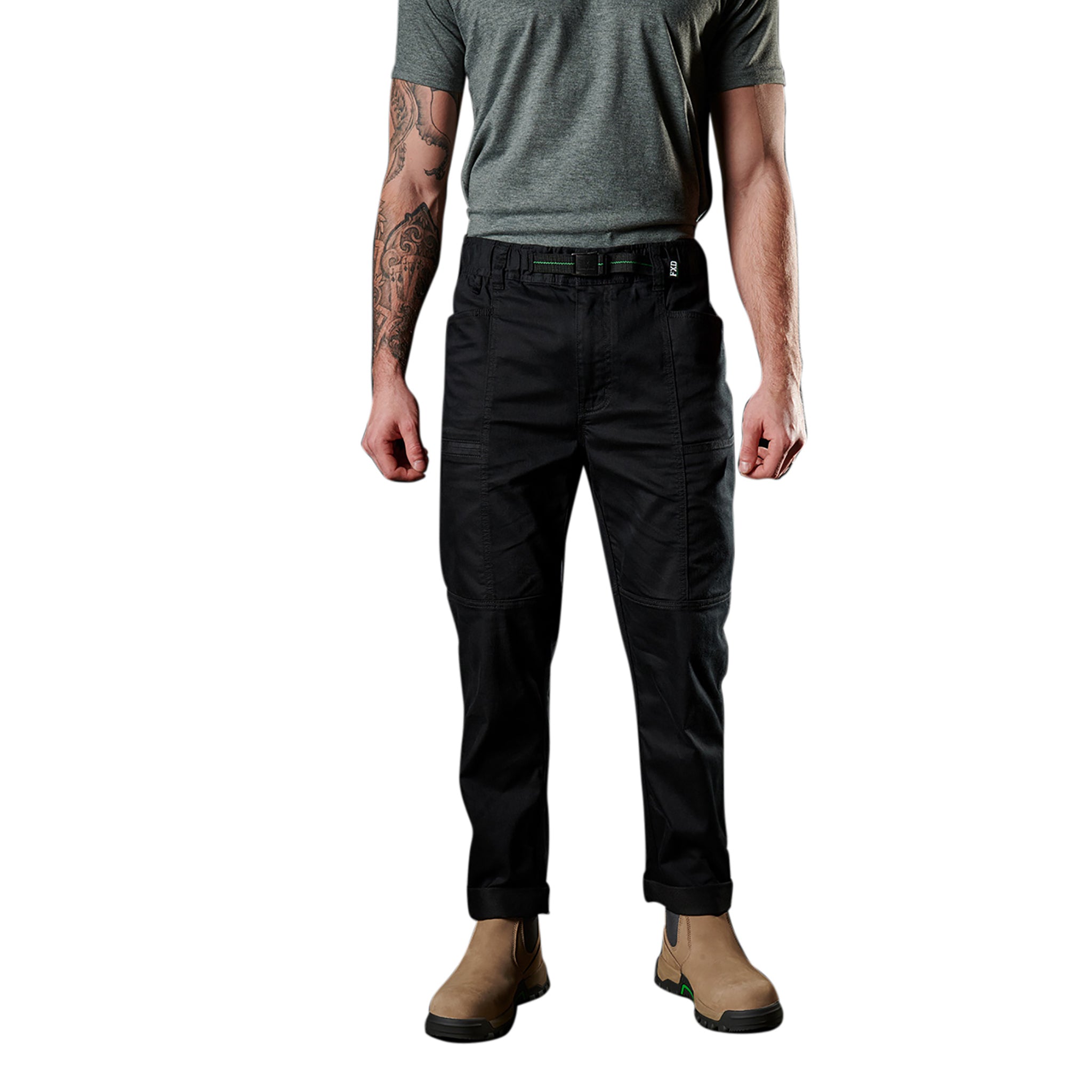 black full length worksite pants with elastic waistband and belt loops with FXD logo. Straight cut cuffs
