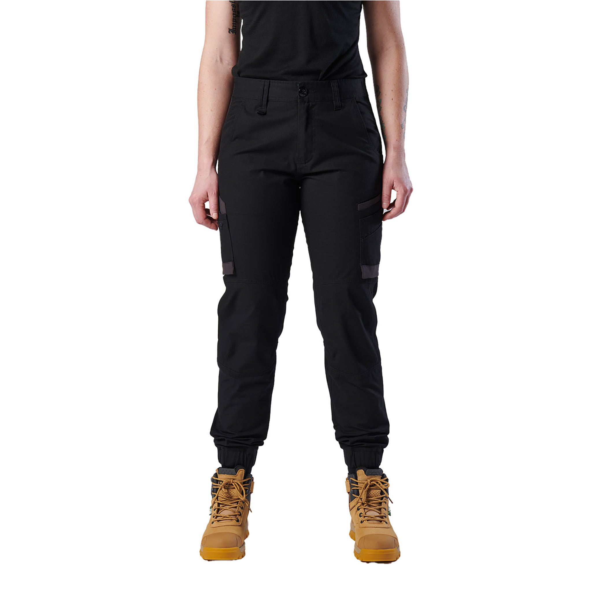 black full length ladies worksite pants with buttoned waist and belt loops. large pockets with grey highlights and elastic cuffs at the ankles
