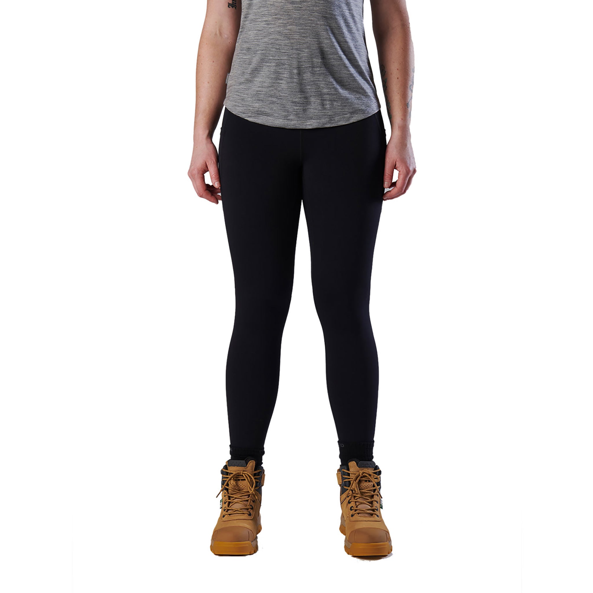 black stretch tradesman ladies full length work tights. breathable and stretchy fabric, great for cold mornings on site.