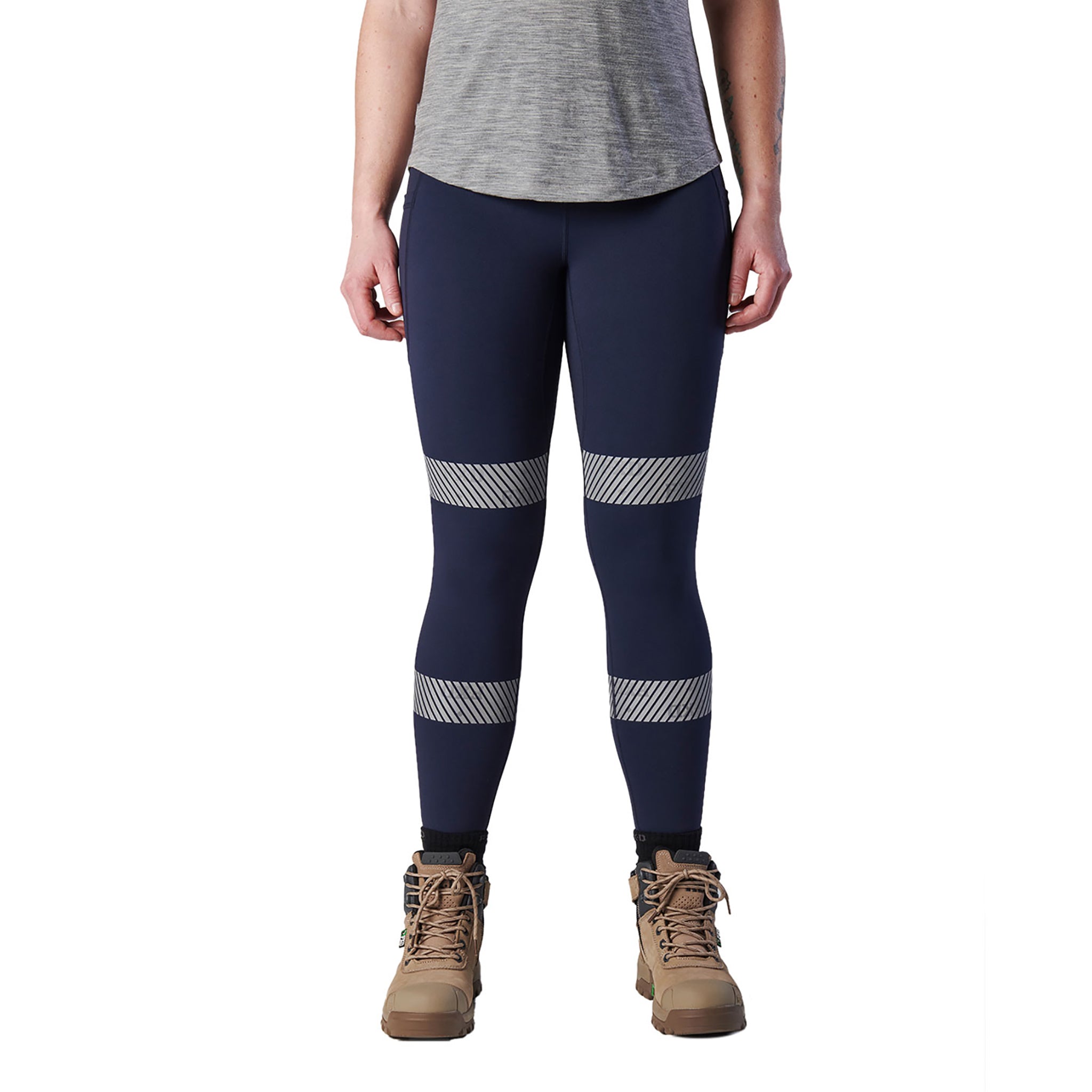 Women's navy blue stretch work tights with silver striped bands above and below the knee.