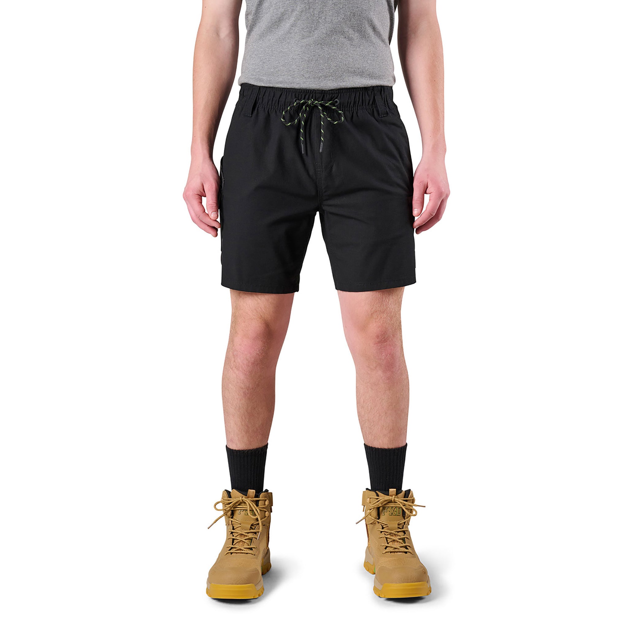 A man wearing FXD Elastic Waist Utility draw cord Short in black