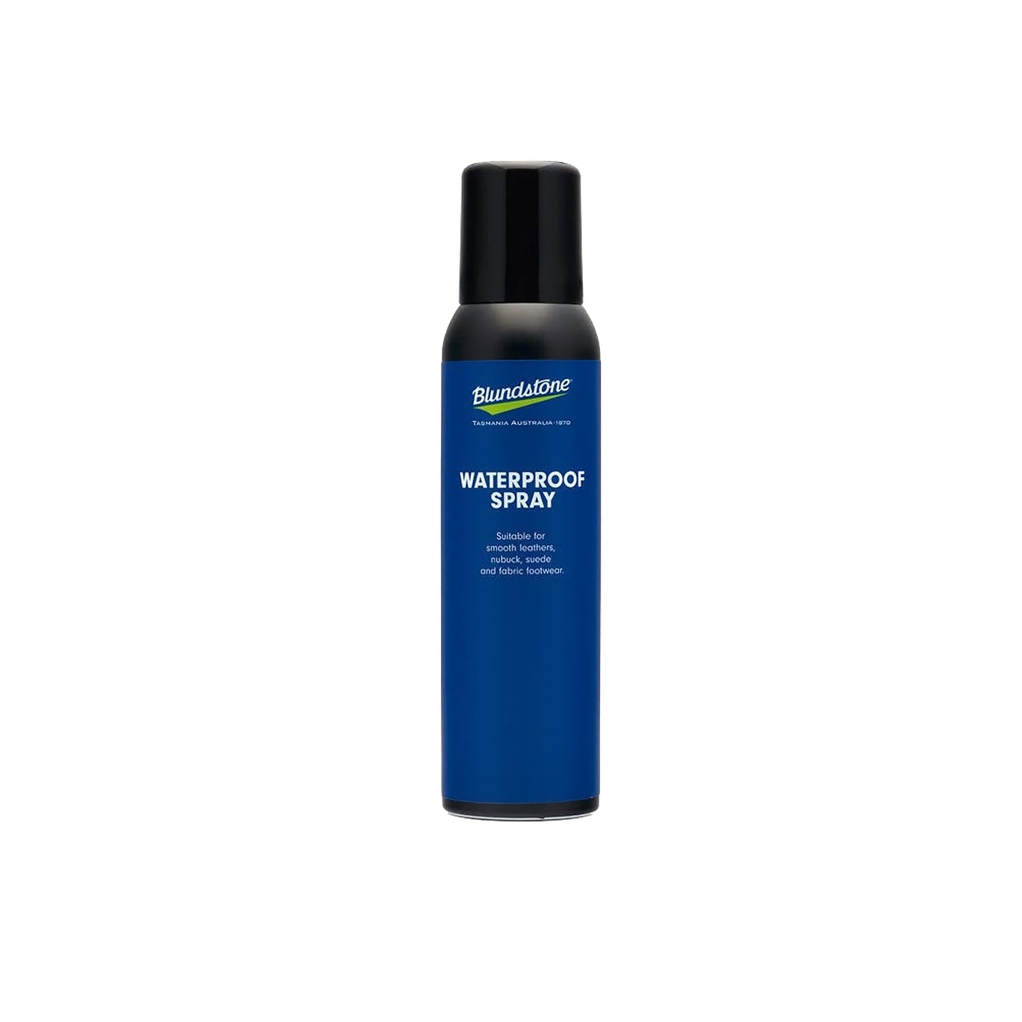 black bottle with black cap and blue sticker that has the blundstone logo and bold text that reads WATERPROOF SPRAY