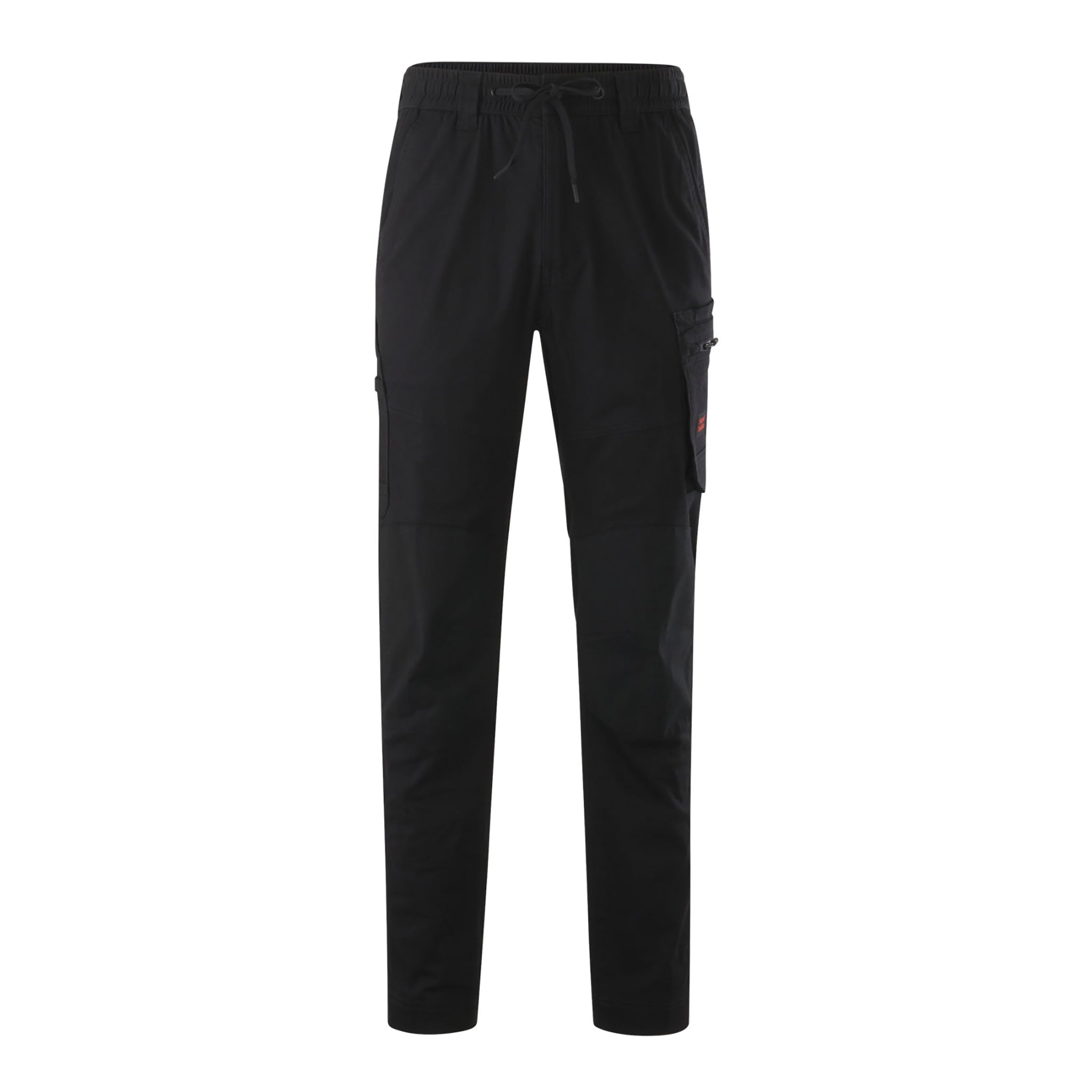 black full length work pants with large pocket and straight cut at the ankles and drawstring waist and belt loops