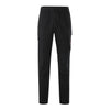 black full length work pants with large pocket and straight cut at the ankles and drawstring waist and belt loops