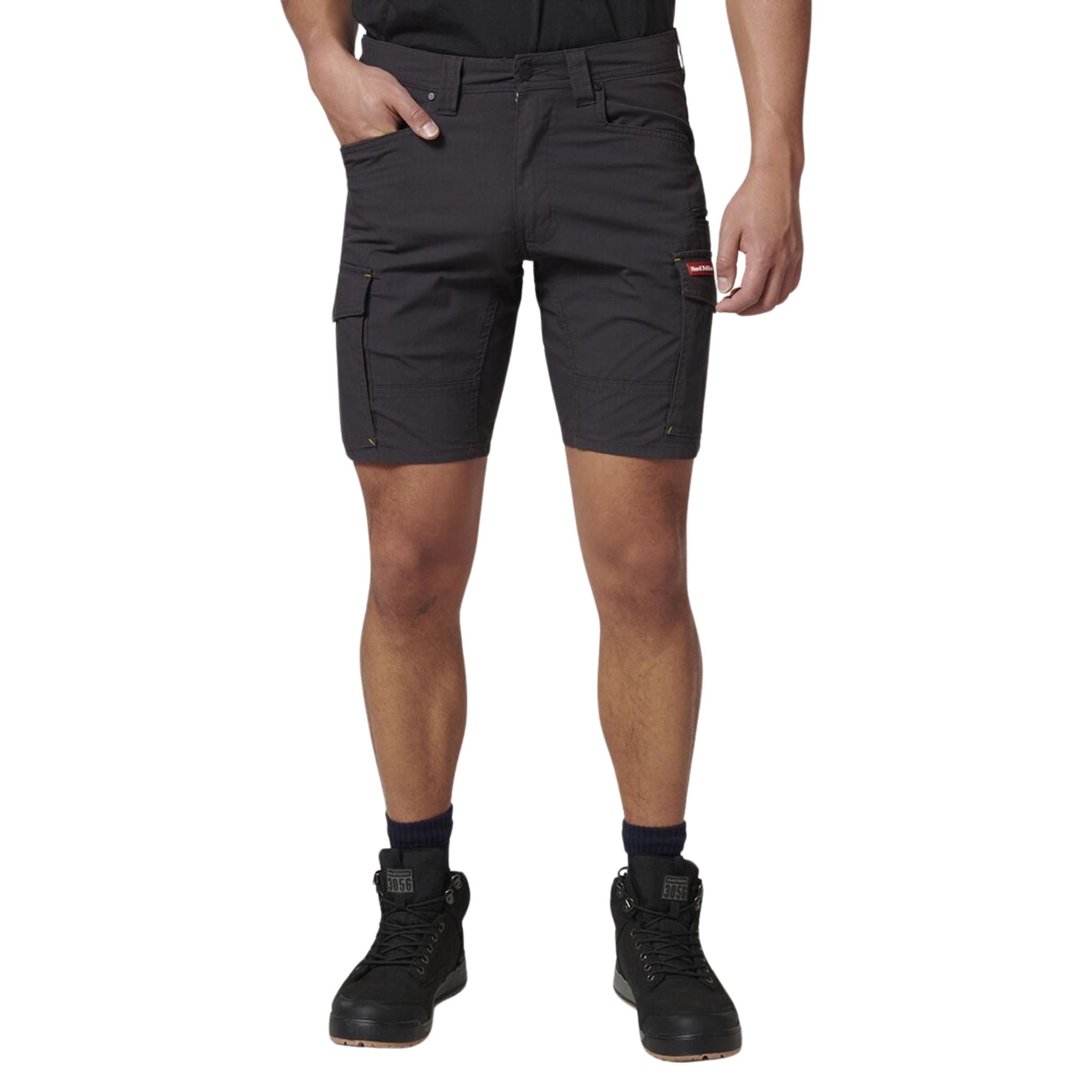A man wearing Hard Yakka Ripstop cargo work shorts in charcoal