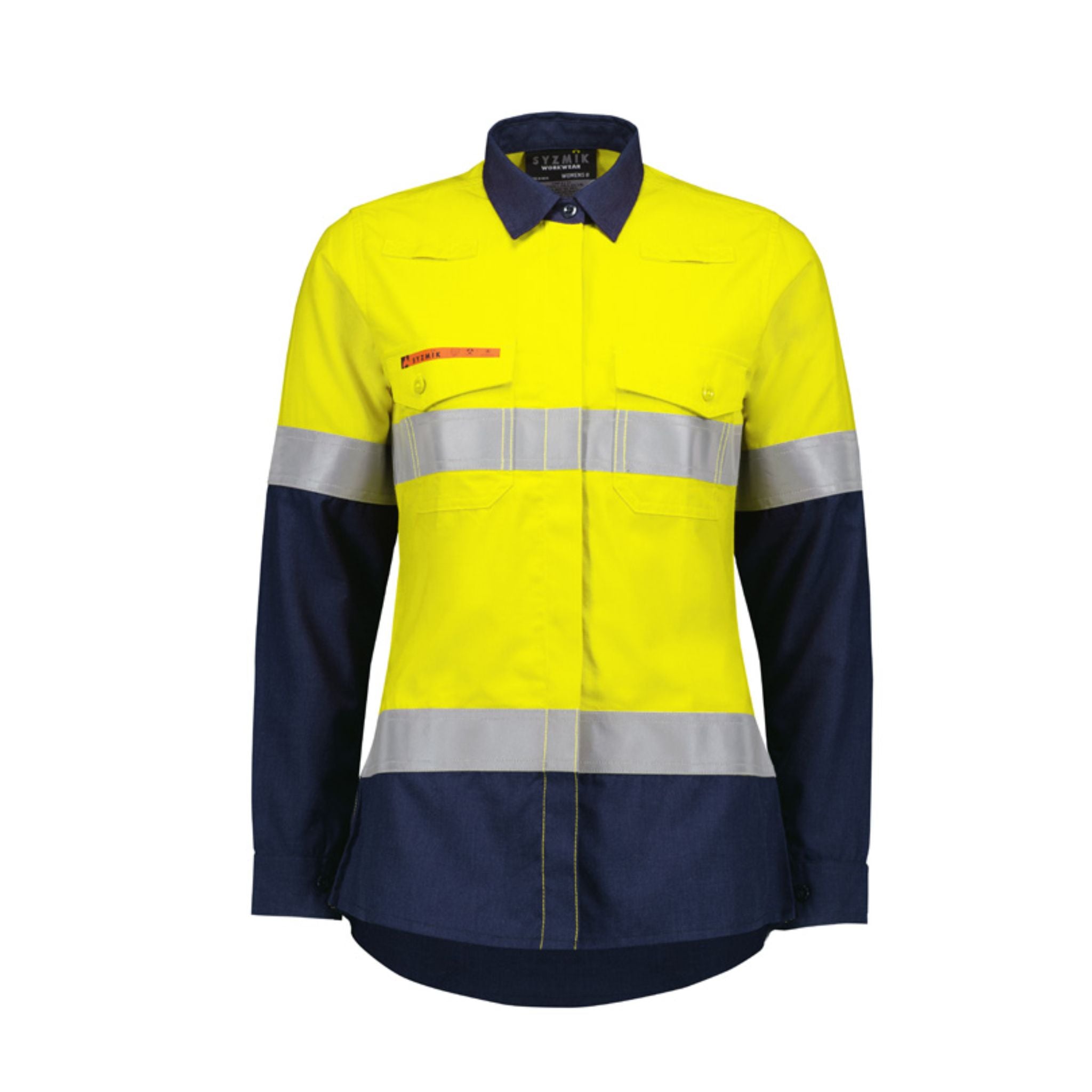 Syzmik Women's Orange Flame Flame Lightweight Ripstop Taped Shirt in yellow navy ZW170