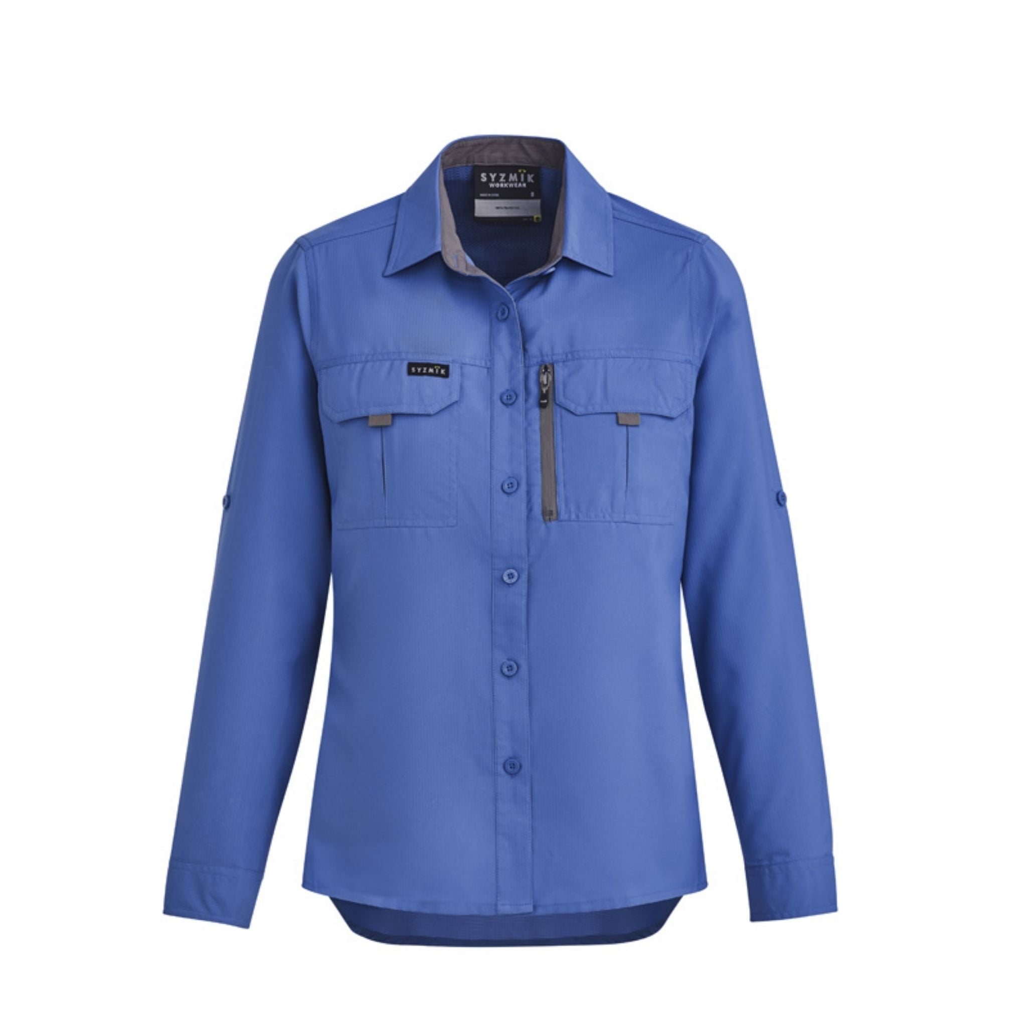 Women's blue outdoor long sleeve work shirt with pockets and zipper