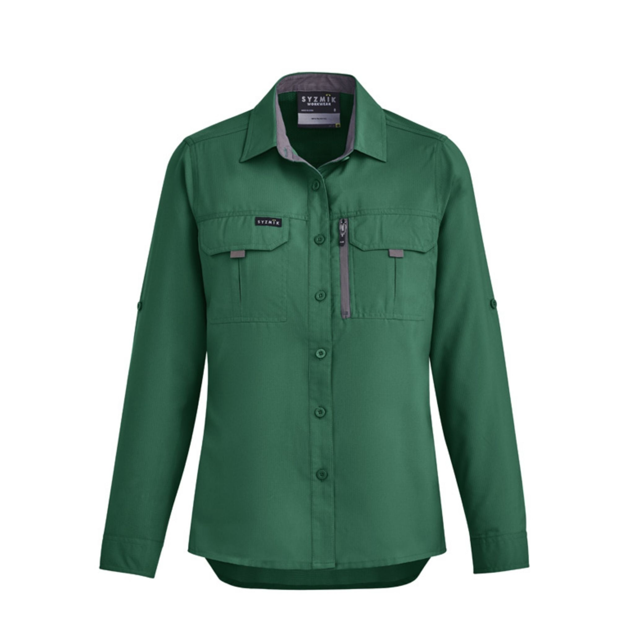 Women's green outdoor long sleeve work shirt with pockets and zipper